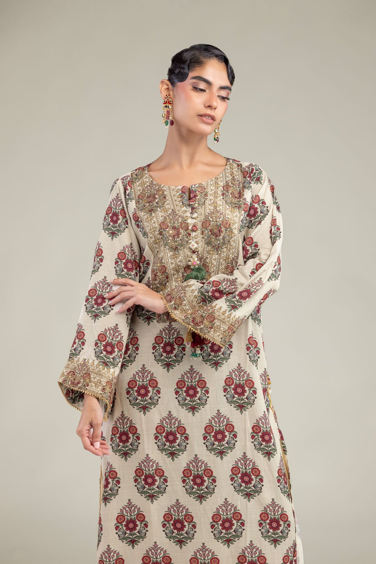 Embroidered Raw Silk Long Floral Kurta - B1-2-26-106-A-C-VG