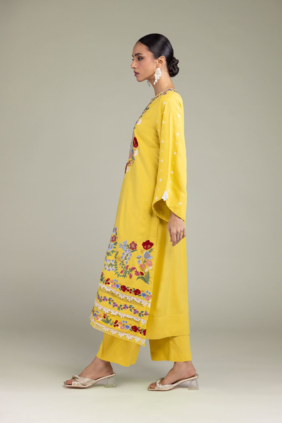Embroidered Raw Silk Yellow Silk Pants - 1-26-106-A-E-VG