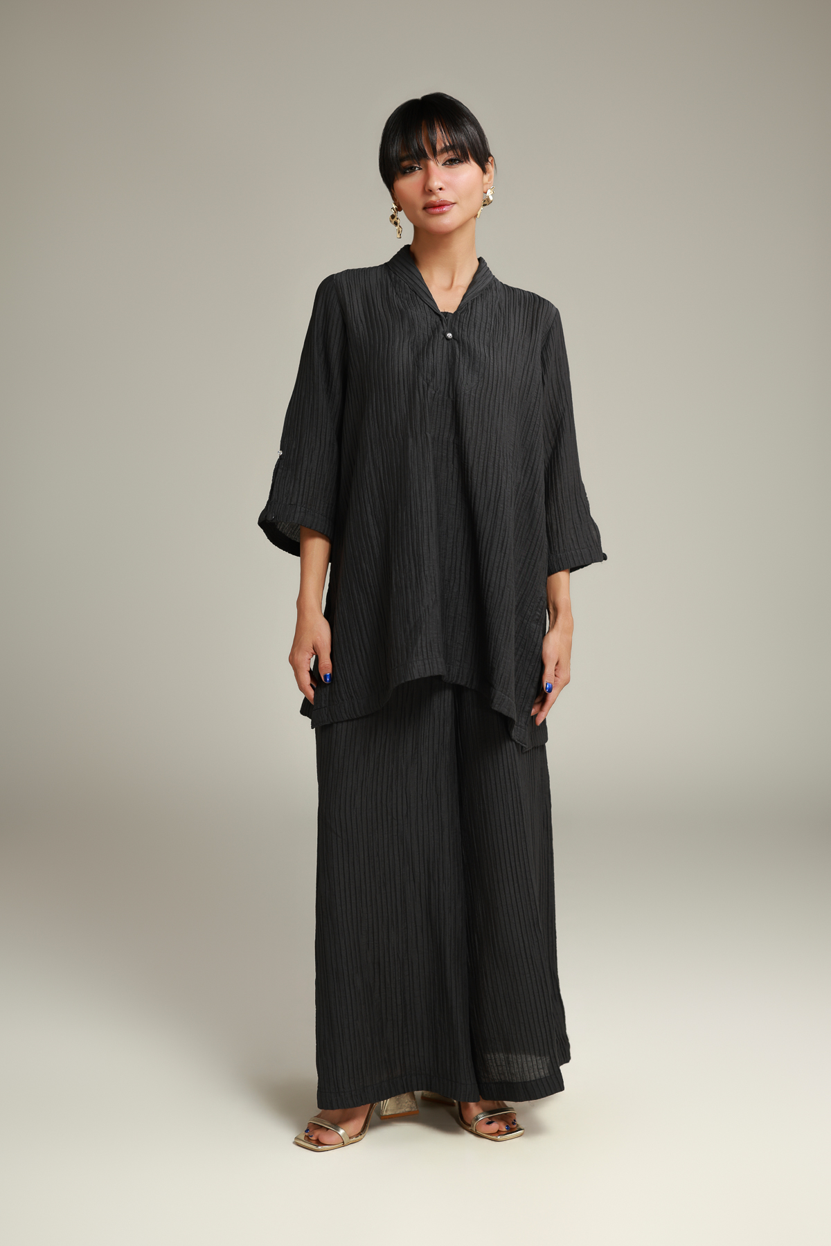 Dyed Blended Crinkle Solid Black Pants - 8-26-205-A-A1-VG