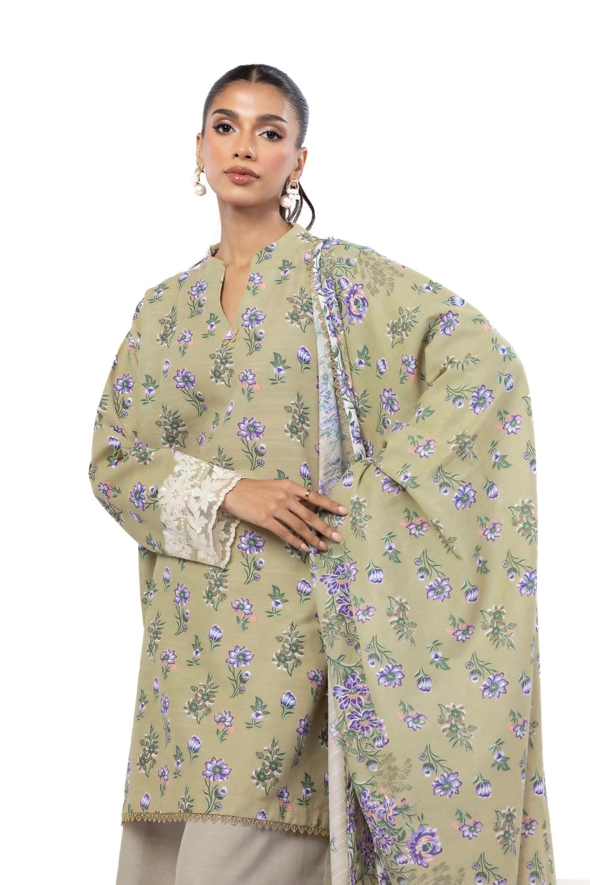 Embroidered Slub Cotton Fabrics 3 Piece - KRN09A-G-VG