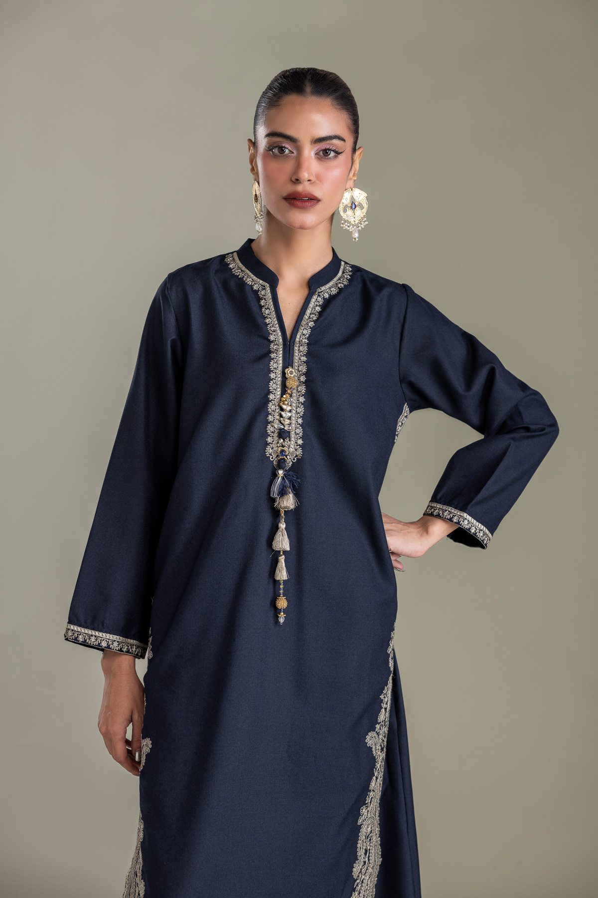 Embroidered Heavy Blended Viscose Long Navy Kurta - 1-26-431-A-D1-VG