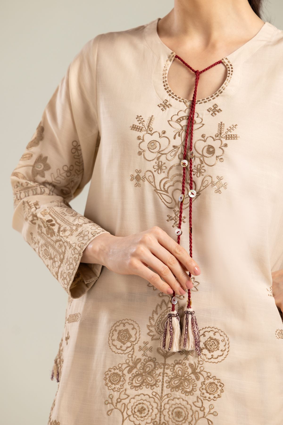 Embroidered Raw Silk Floral Beige Kurta - 2-26-202-A-E-VG