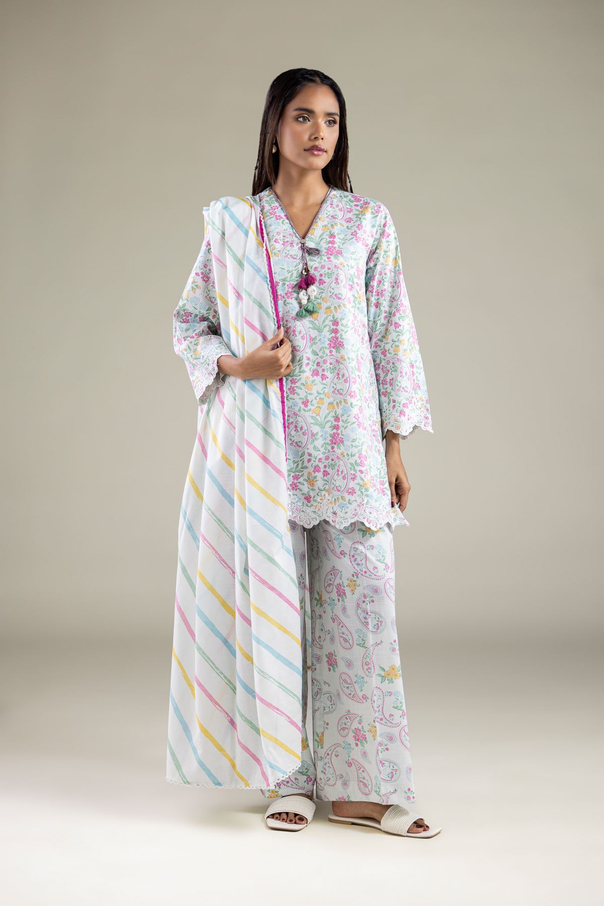 Embroidered Textured Cotton Pants - 1-26-133-A-F-VG