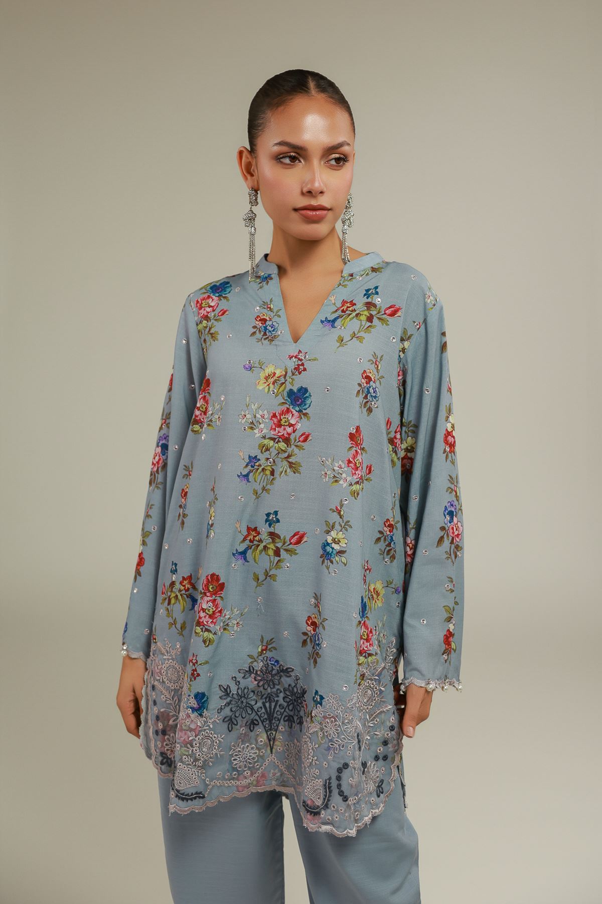 Embroidered Raw Silk Floral Lace Kurta - 1-26-108-A-F-VG