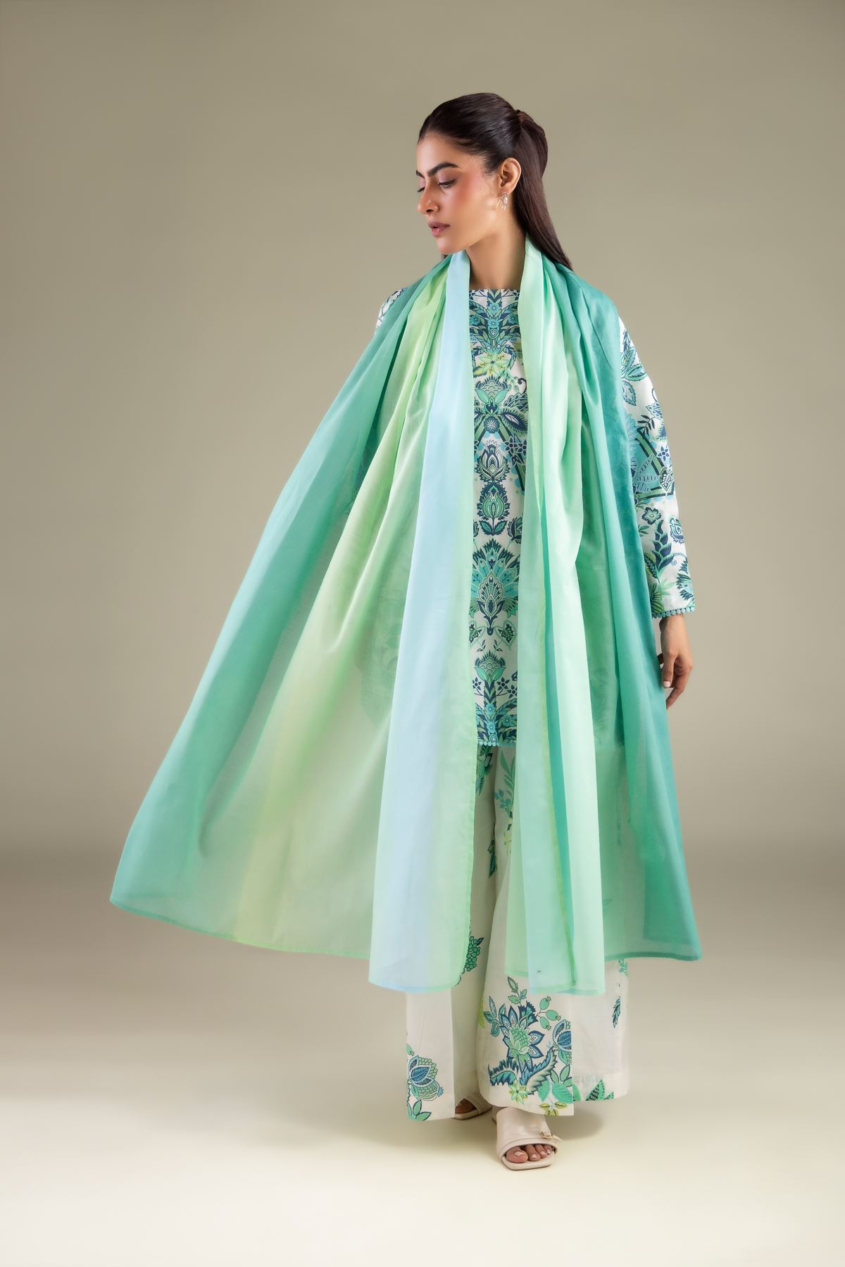 Printed Lawn Flowy Draped Dupatta - 1-26-129-A-C-VG
