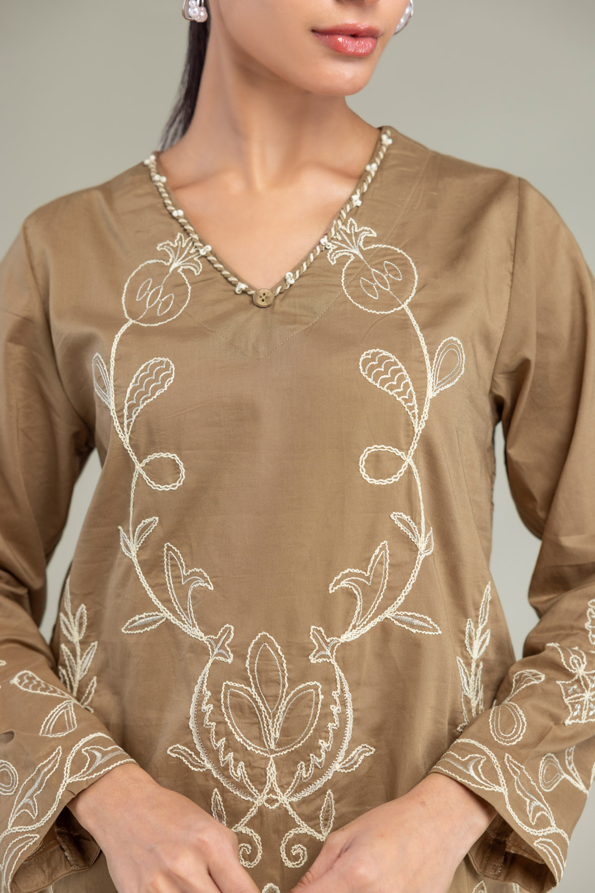 Embroidered Cambric V-neck Cambric Kurta - 1-26-102-A-F-VG