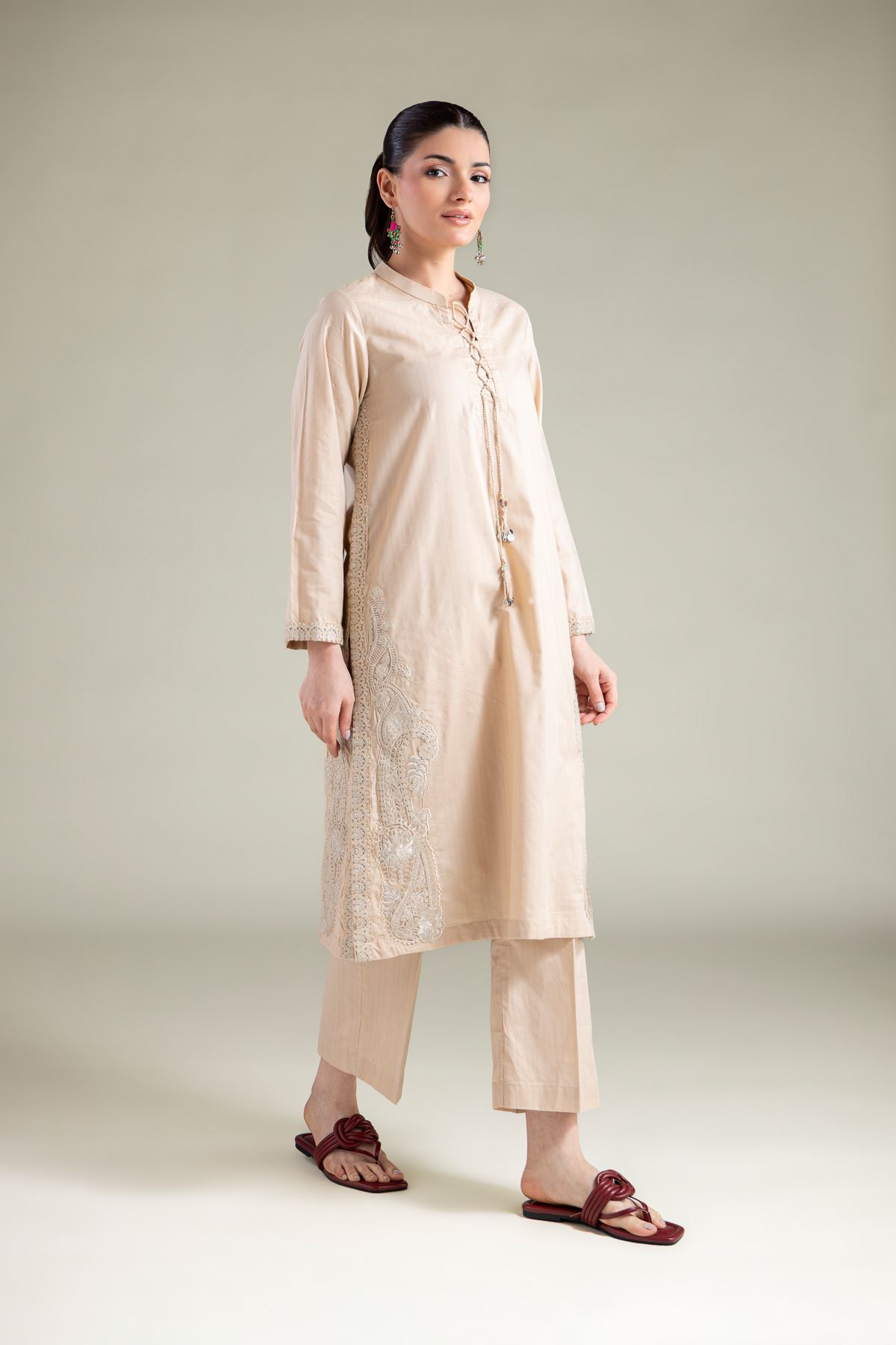 Embroidered Cotton Dobby Solid Longline Kurta - 1-26-130-A-F-VG