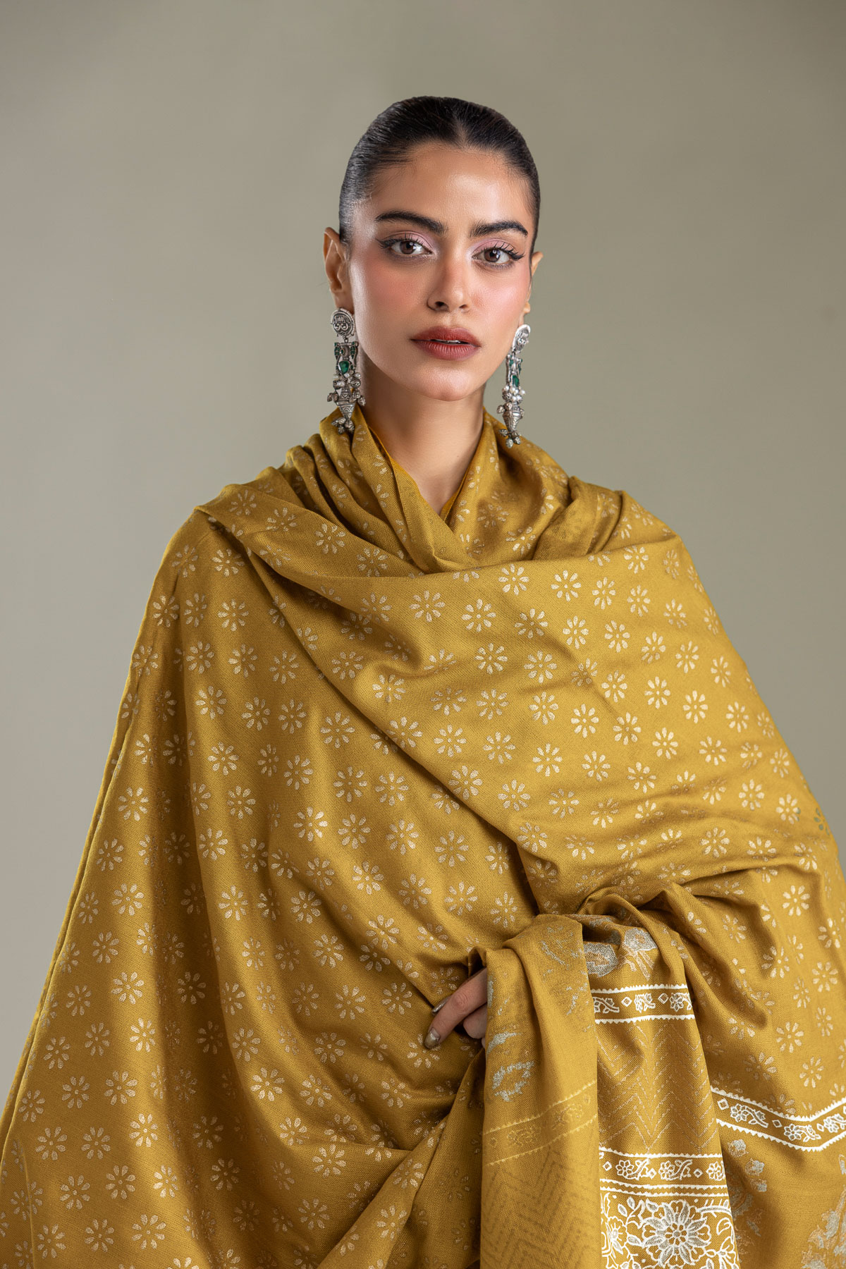 Embroidered Rashmina Acrylic Mustard Floral Shawl - 1-26-433-A-C1-VG
