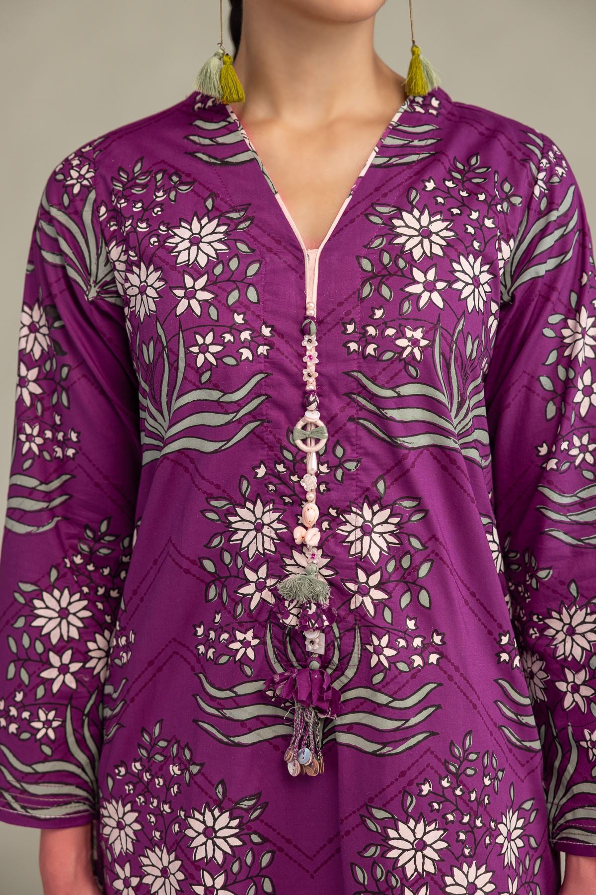 Printed Cambric V-Neck Longline Kurta - 2-26-308-A-G1-VG