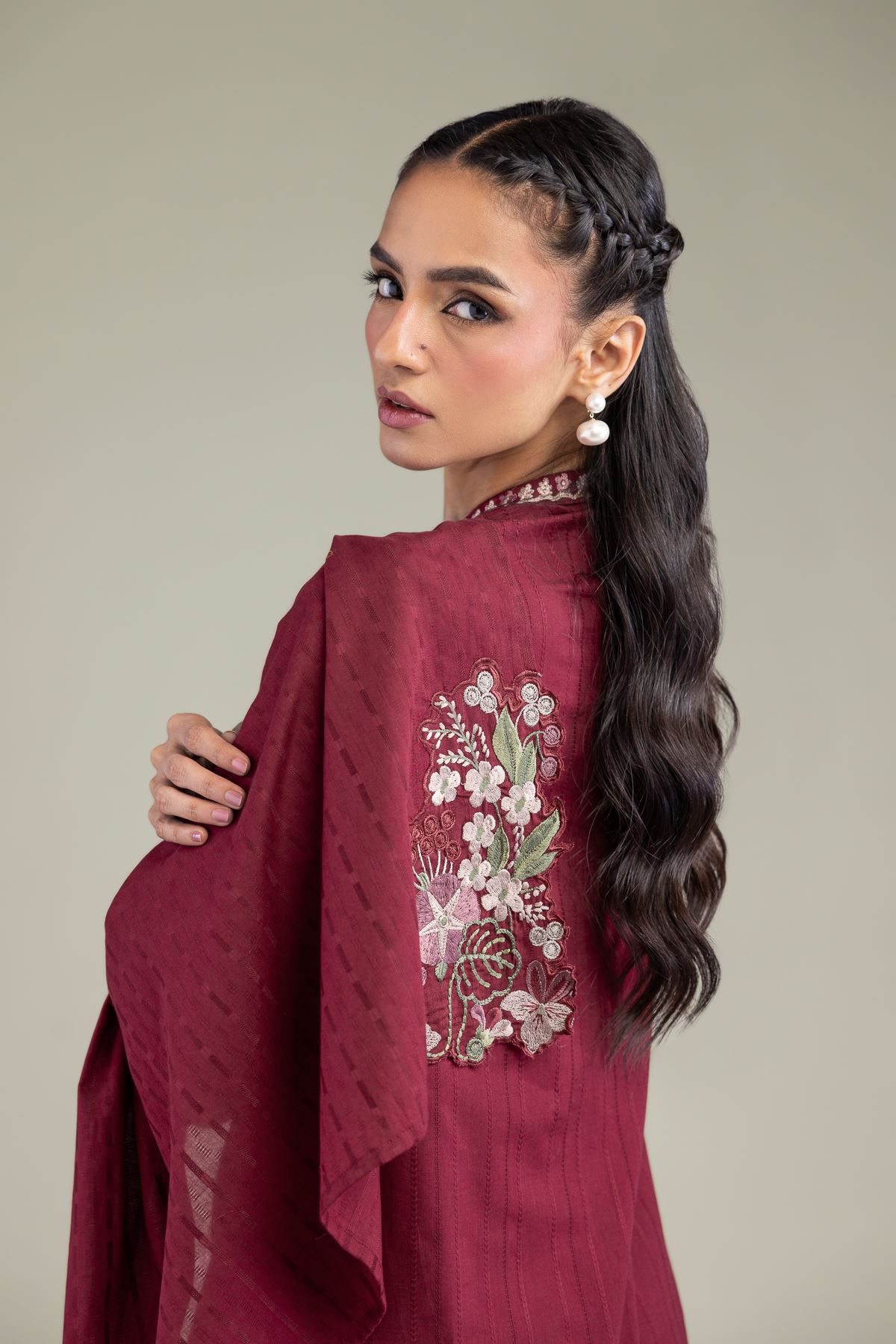 Embroidered Textured Cotton Floral Maroon Dupatta - 1-26-131-A-B-VG