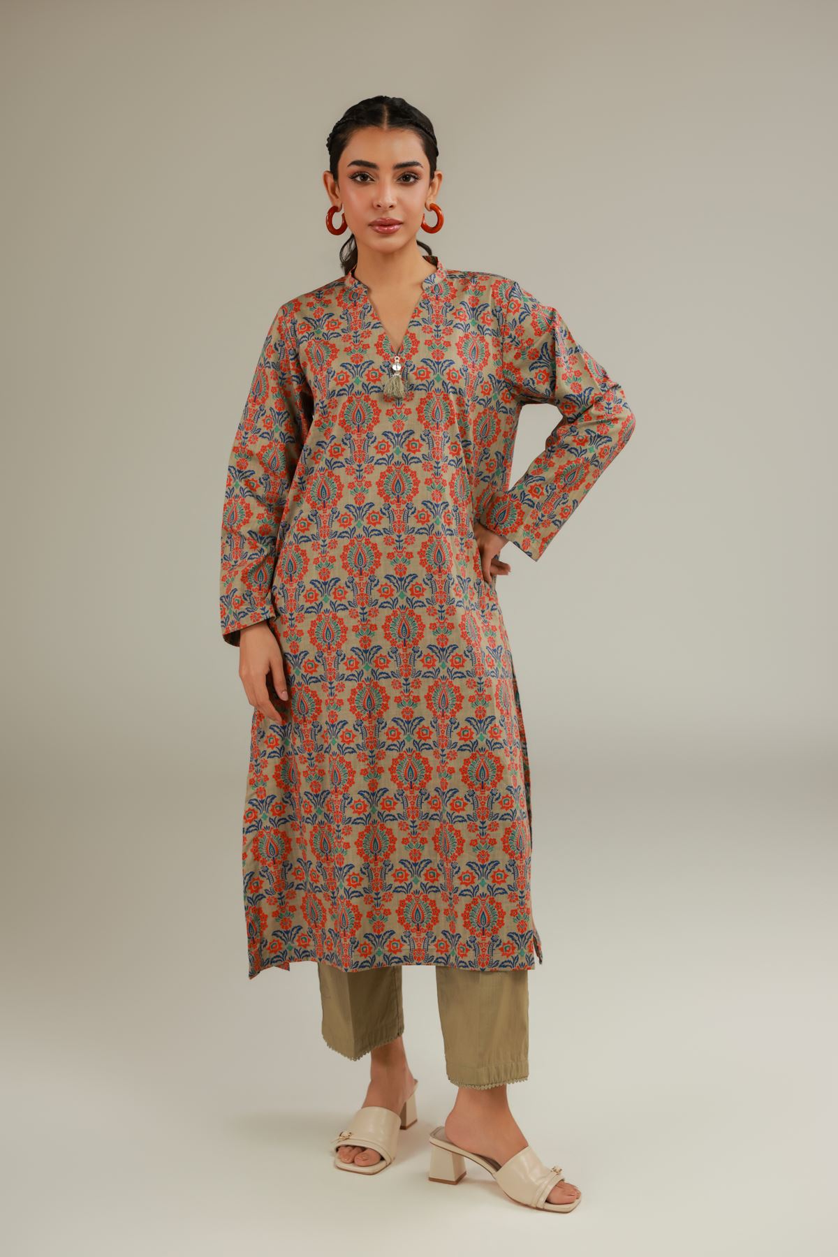 Printed Textured Cotton Mughal Motif Kurta - 1-26-108-A-F-VG