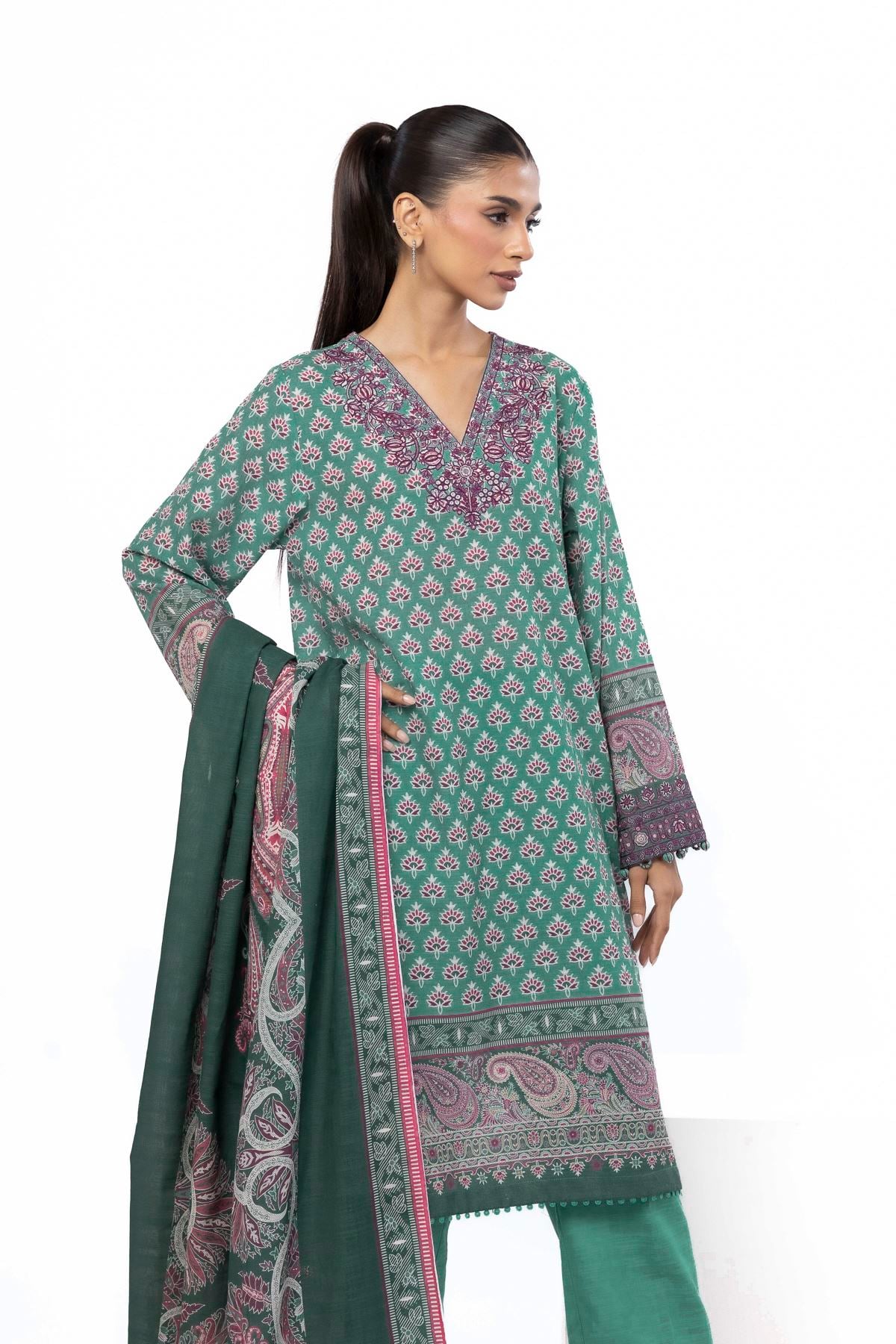 Embroidered Slub Cotton Tailored 3 Piece - KW30AST-VG