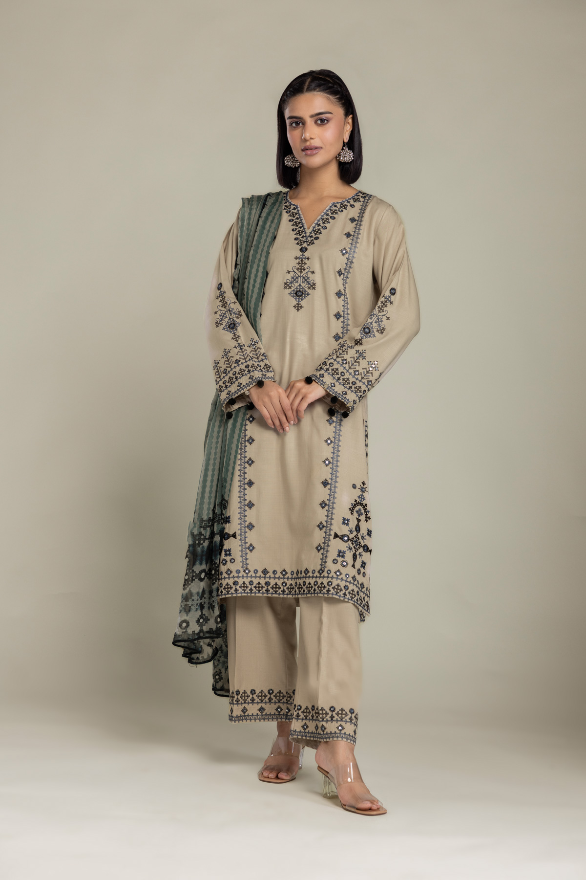 Embroidered Raw Silk 3 Piece Tailored - 1-26-408-A-B1-VG