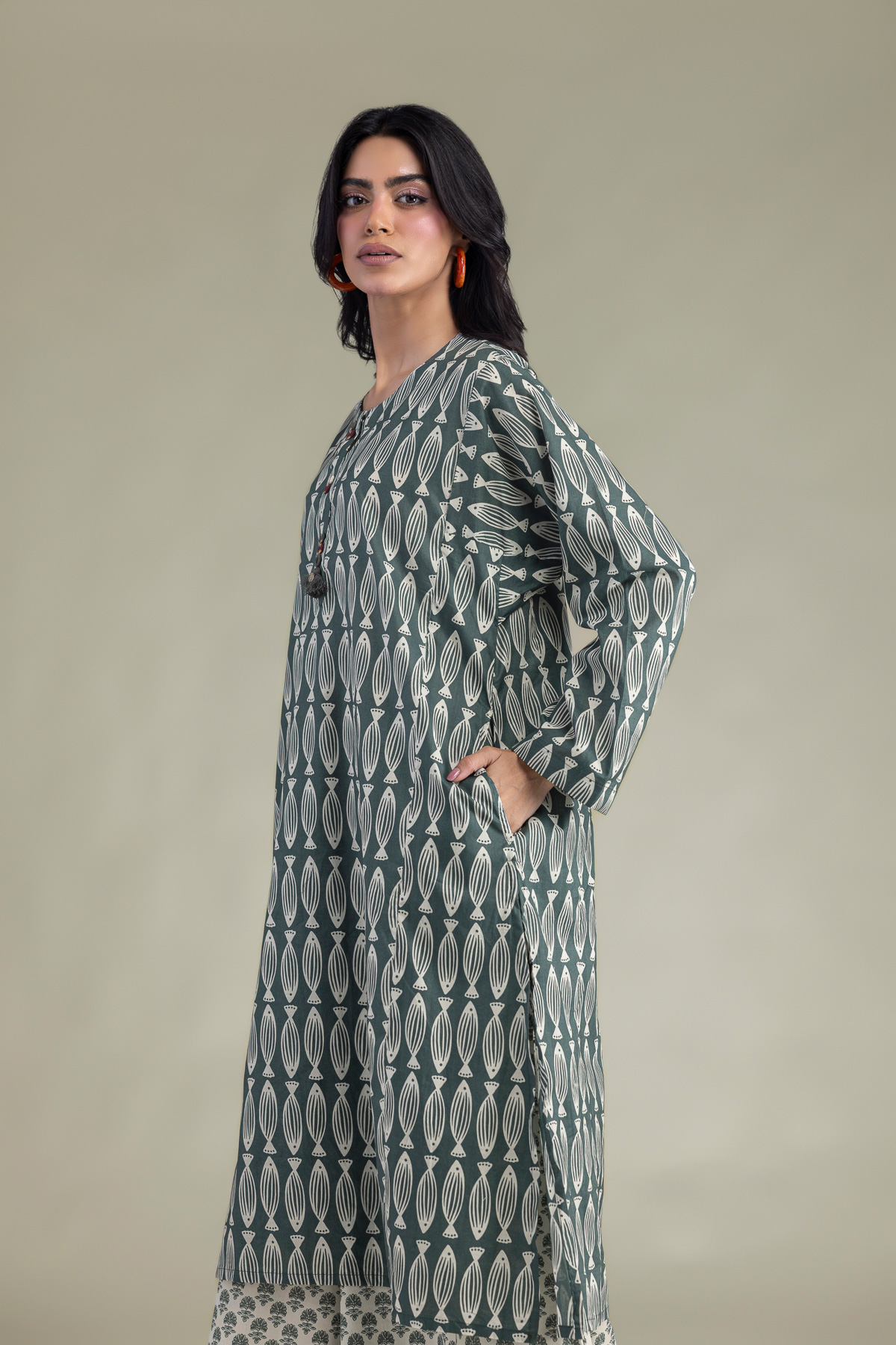 Printed Cambric Green Longline Kurta - 1-26-102-A-F-VG