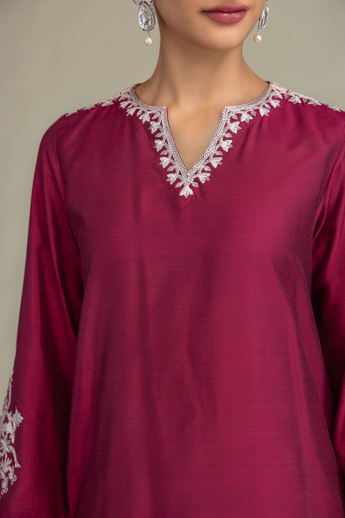 Printed Raw Silk Silk V-Neck Kurta - 1-26-244-A-D1-VG