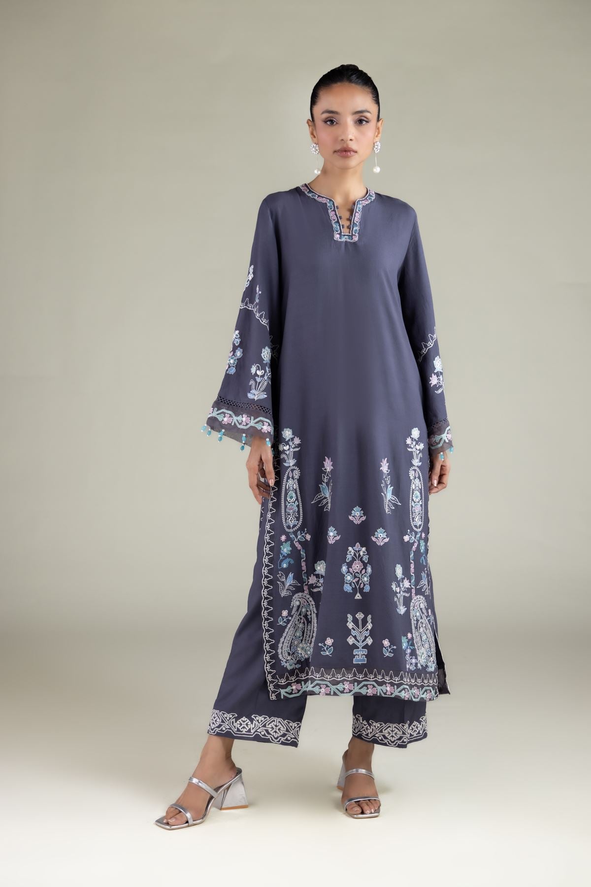 Embroidered Raw Silk Paisley Pearl Kurta - 1-26-126-A-A-VG
