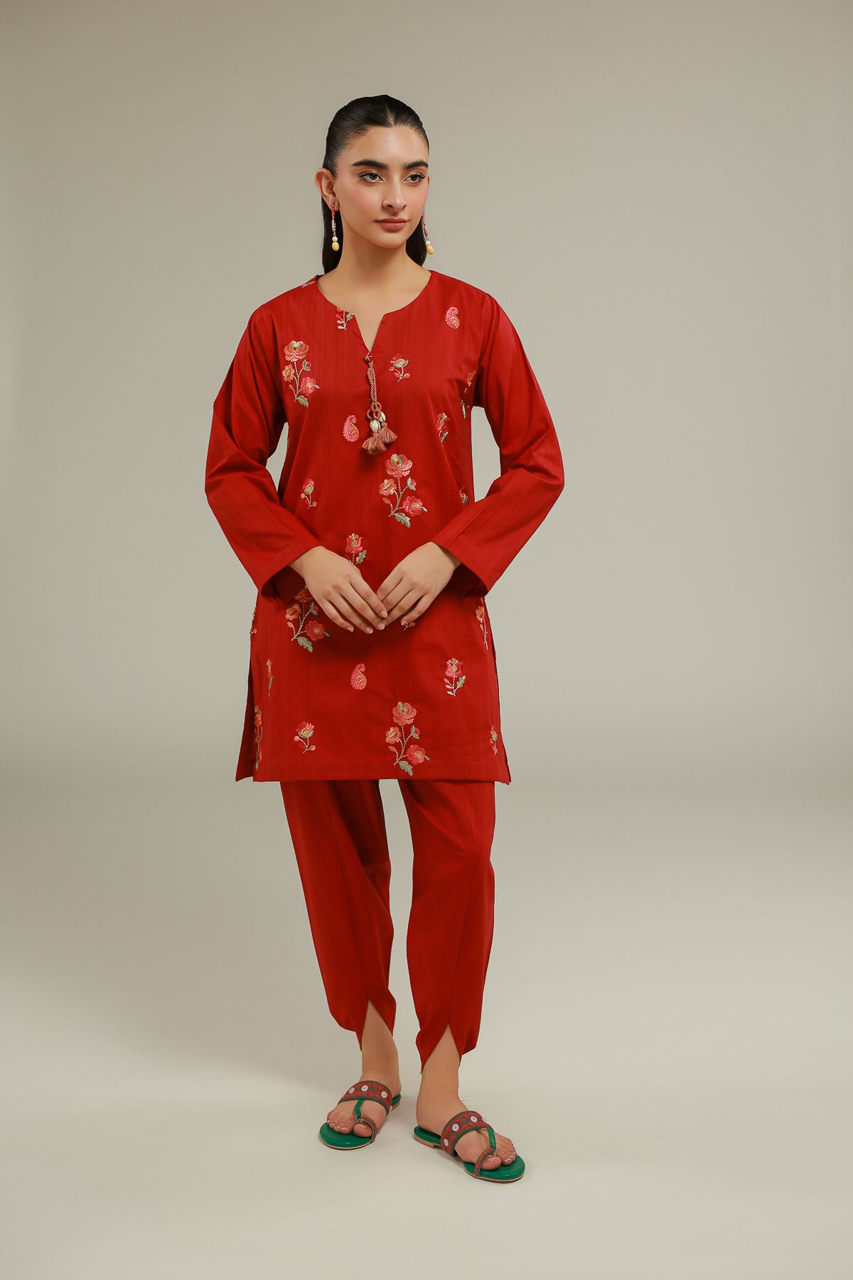Embroidered Cotton Dobby Red Floral Kurta - T-A22-26-103FA1-VG