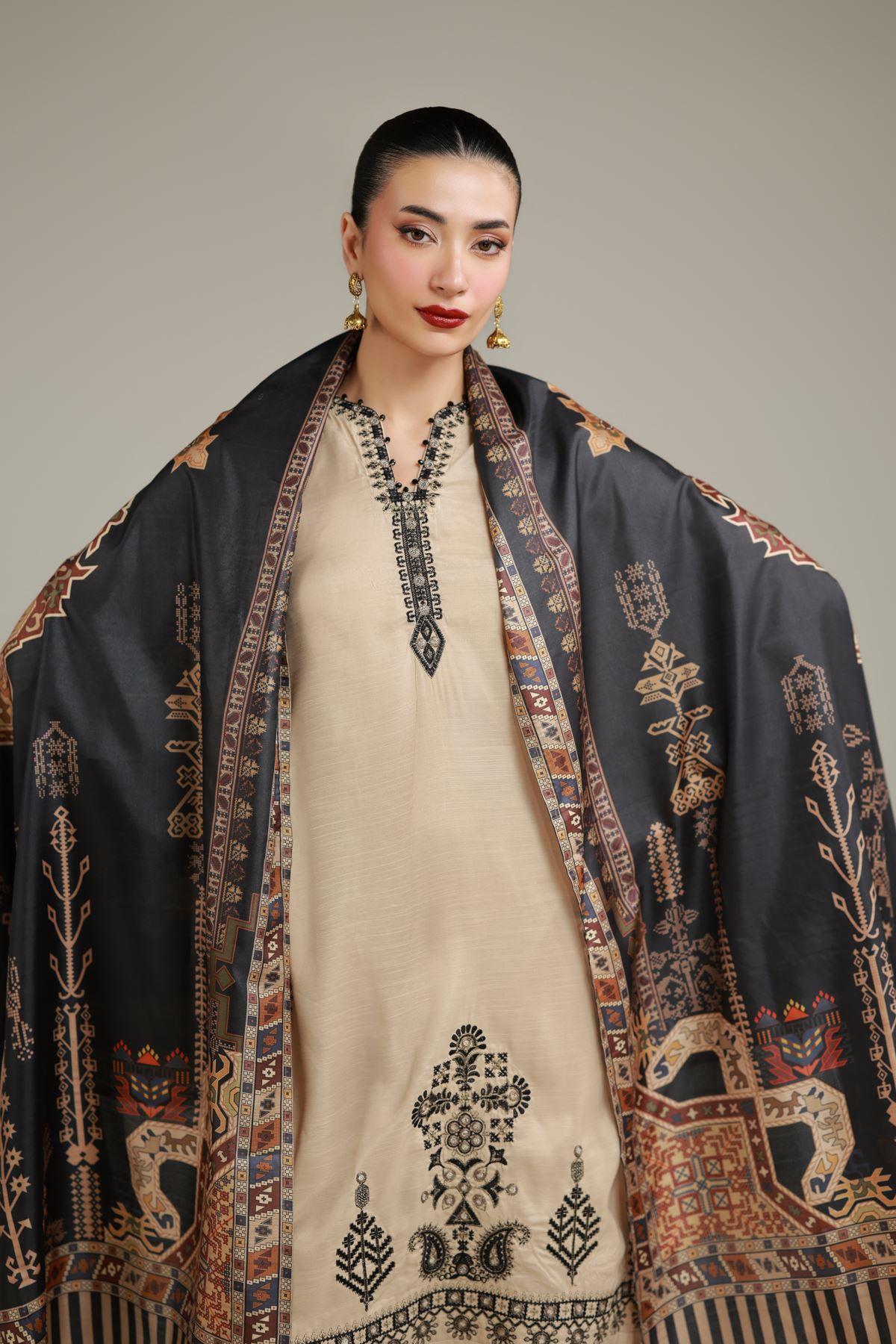 Embroidered Polyester Silk Black Printed Dupatta - 2-26-106-A-E-VG