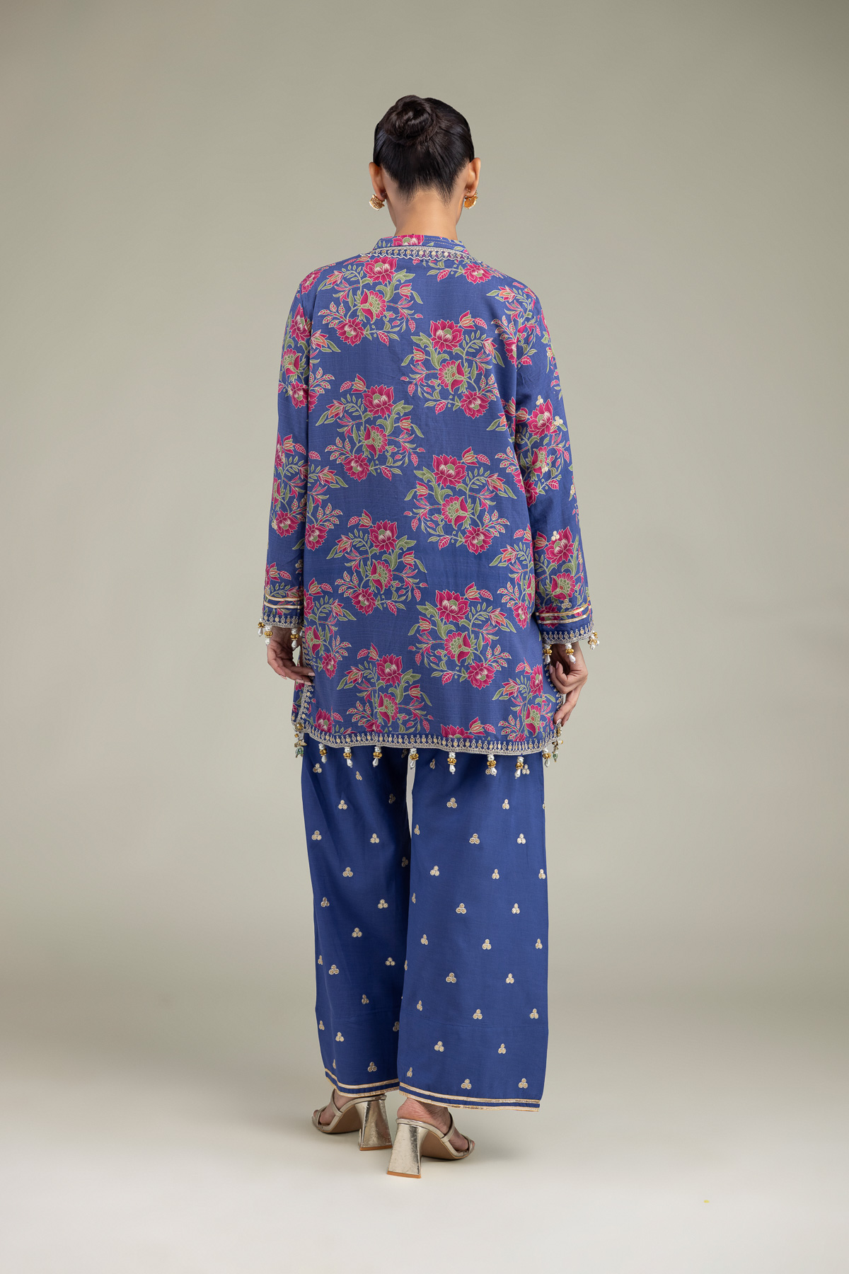 Embroidered Raw Silk Blue V-Neck Kurta - 1-26-102-A-F-VG