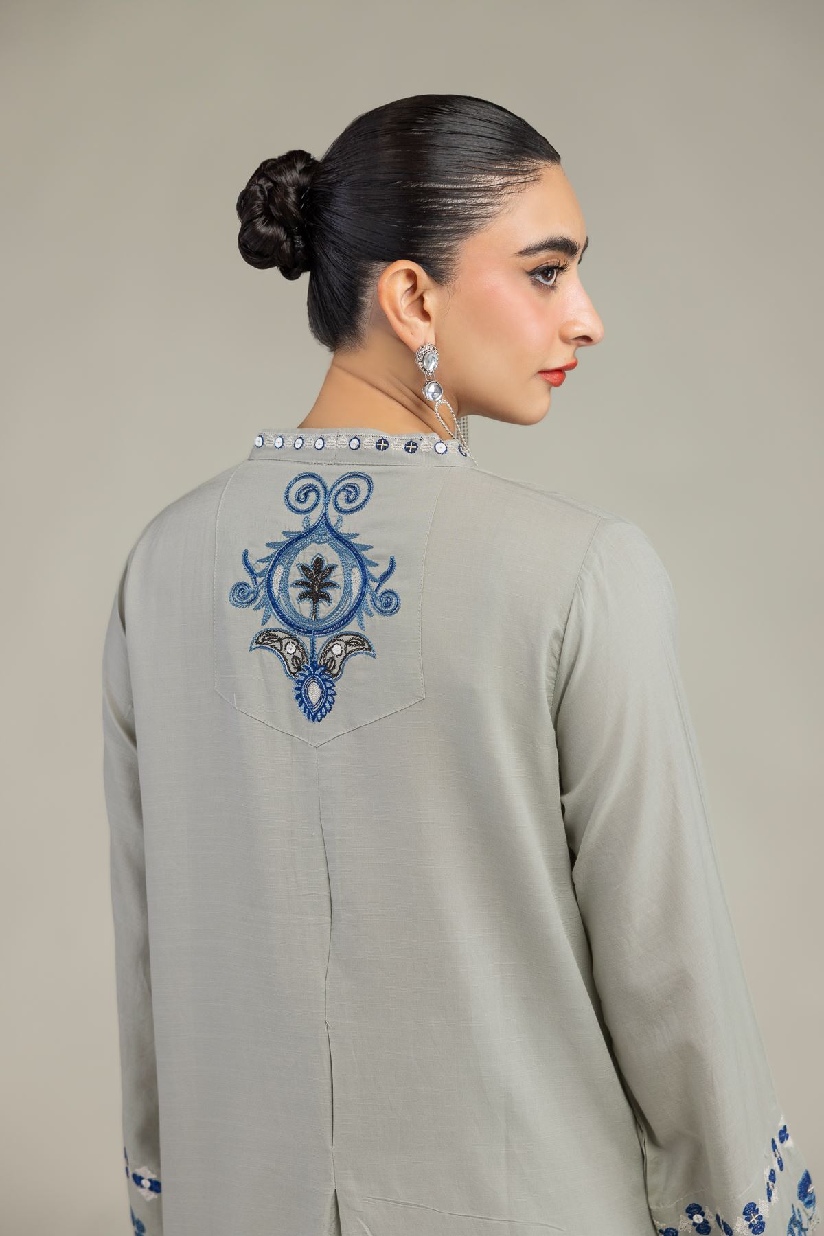Embroidered Raw Silk Floral V-Neck Kurta - 1-26-203-B-H1-VG