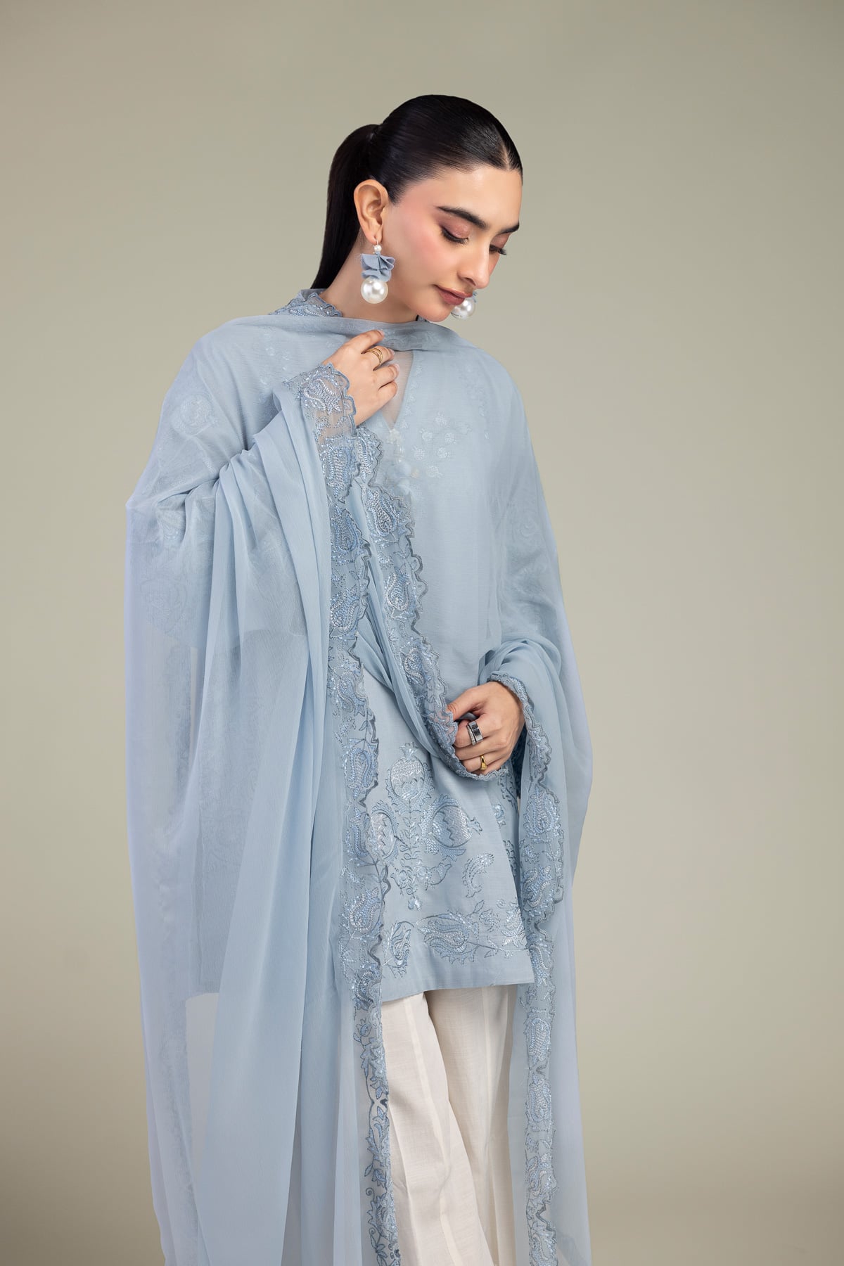 Embroidered Chiffon Blue Chiffon Dupatta - 1-26-309-B-D1-VG
