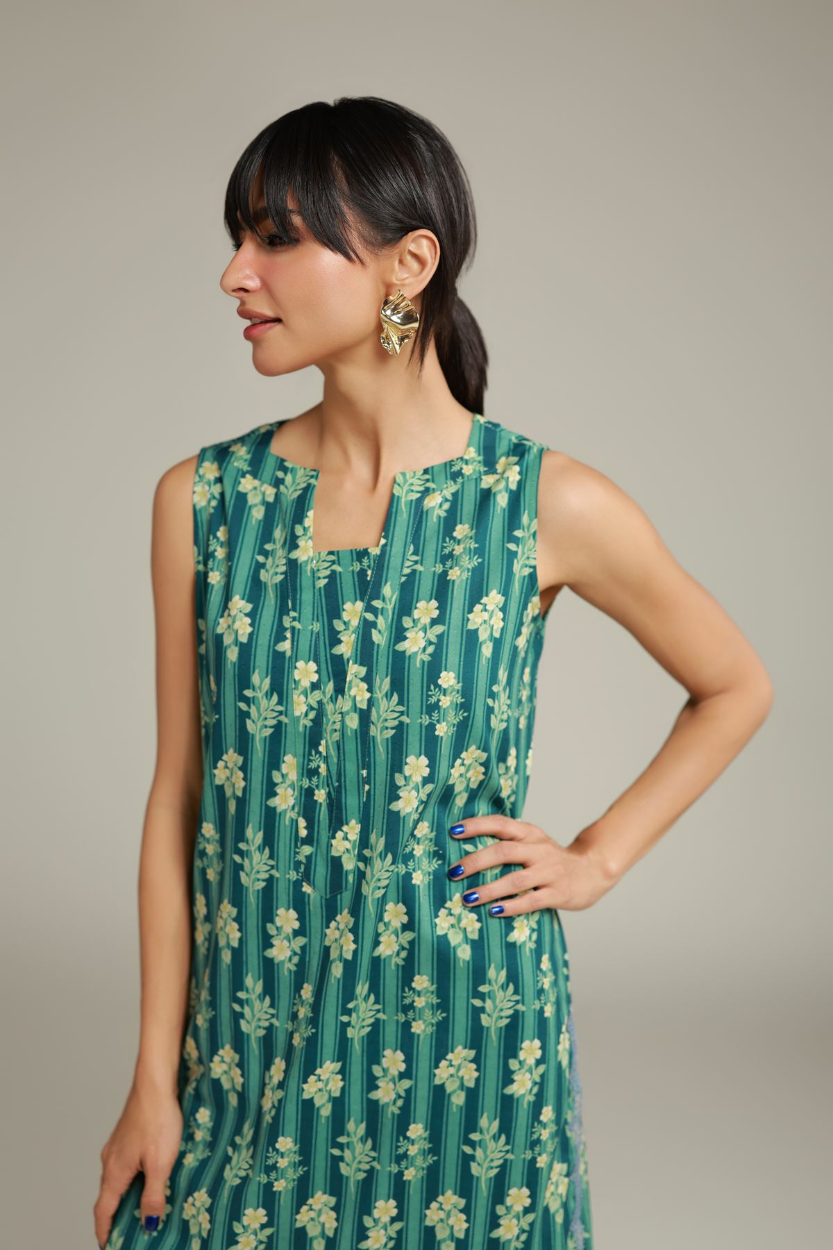 Embroidered Cotton Dobby Teal Cotton Kurta - R-EKT24106-VG