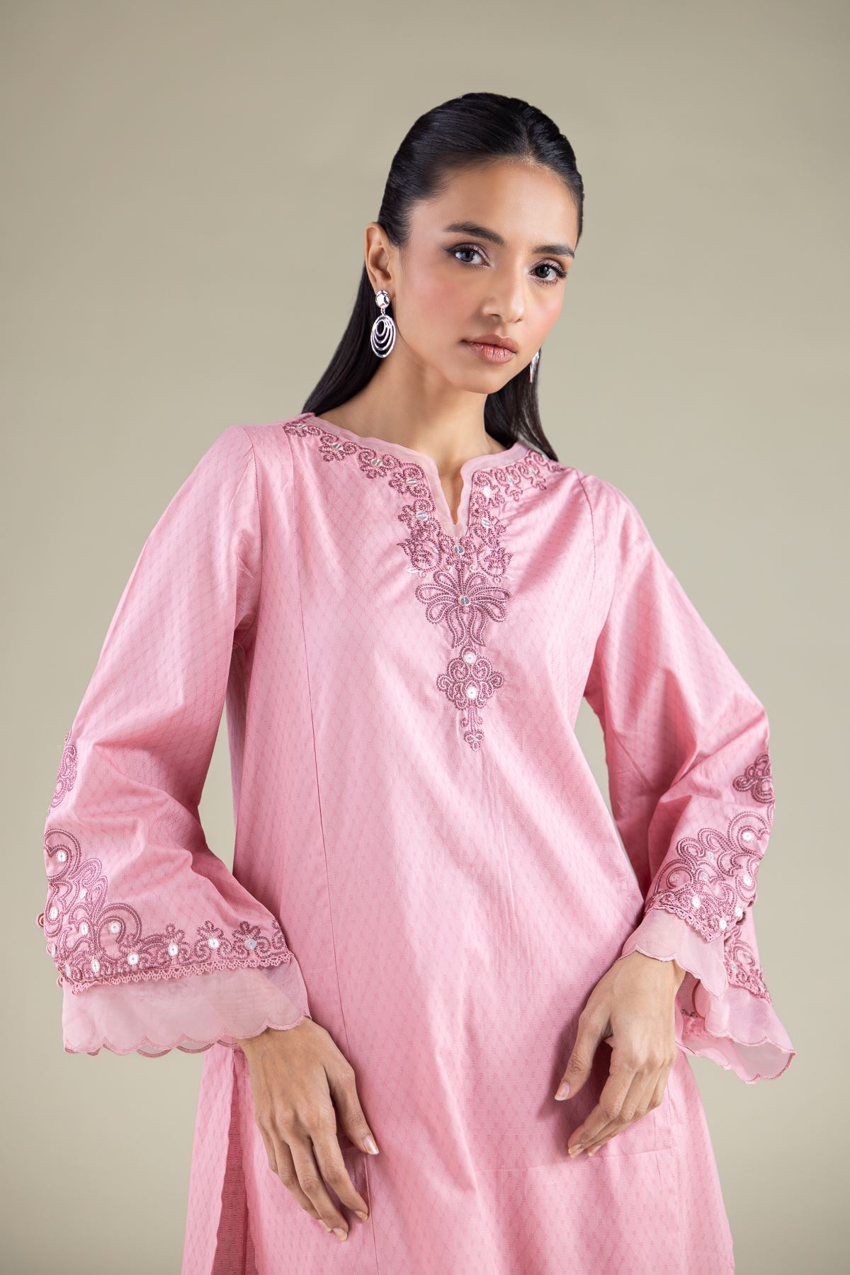 Embroidered Cotton Dobby Round V-Neck Kurta - 2-26-104-A-E-VG