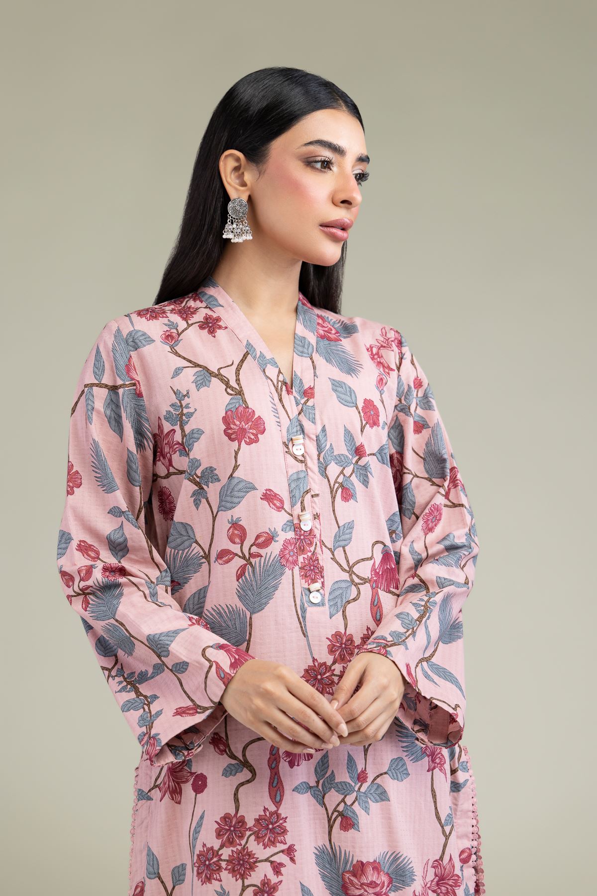 Printed Cotton Dobby Floral Longline Kurta - 1-26-211-A-F1-VG