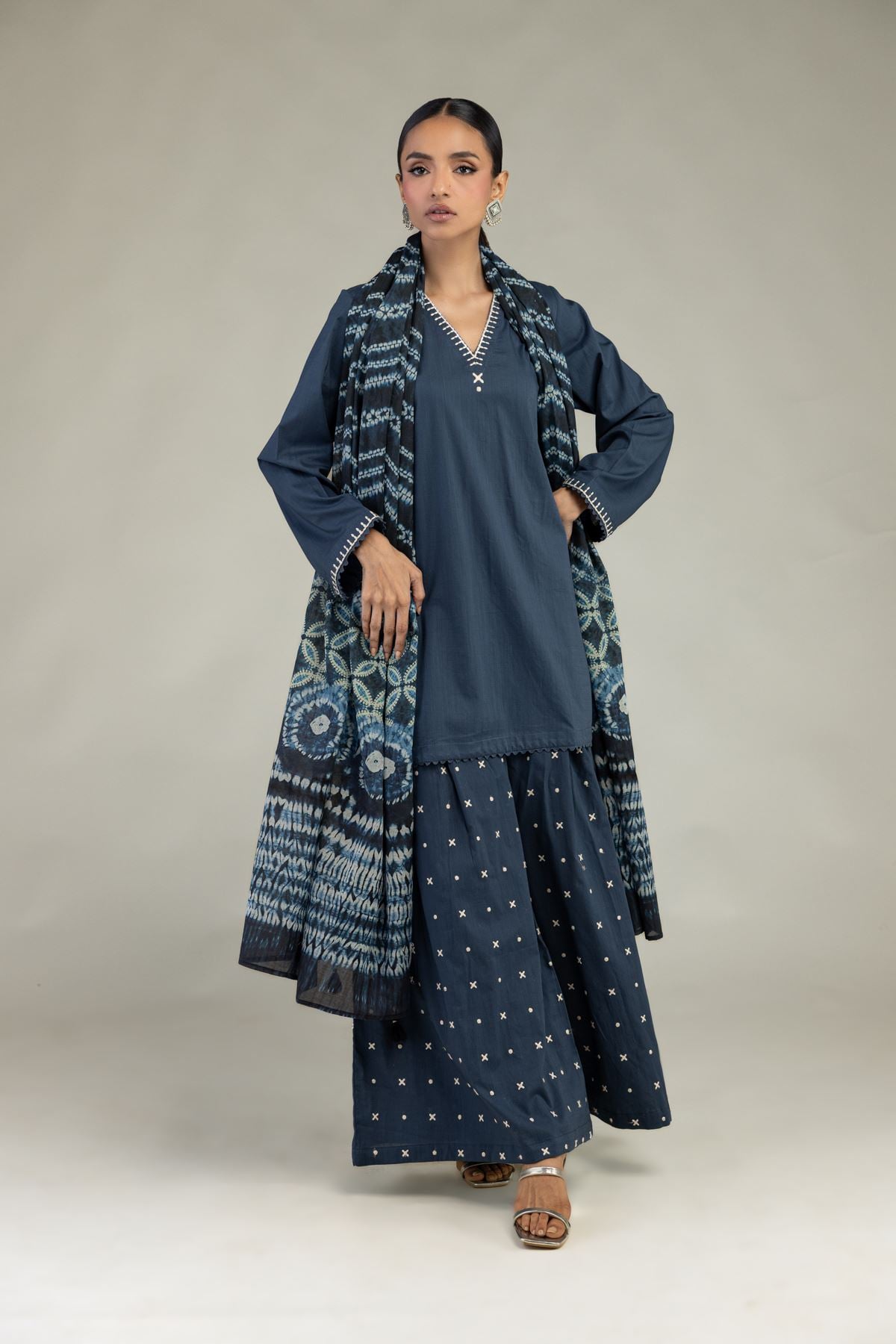 Textured Cotton Embroidered Long V-Neck Kurta - LK04A-VG