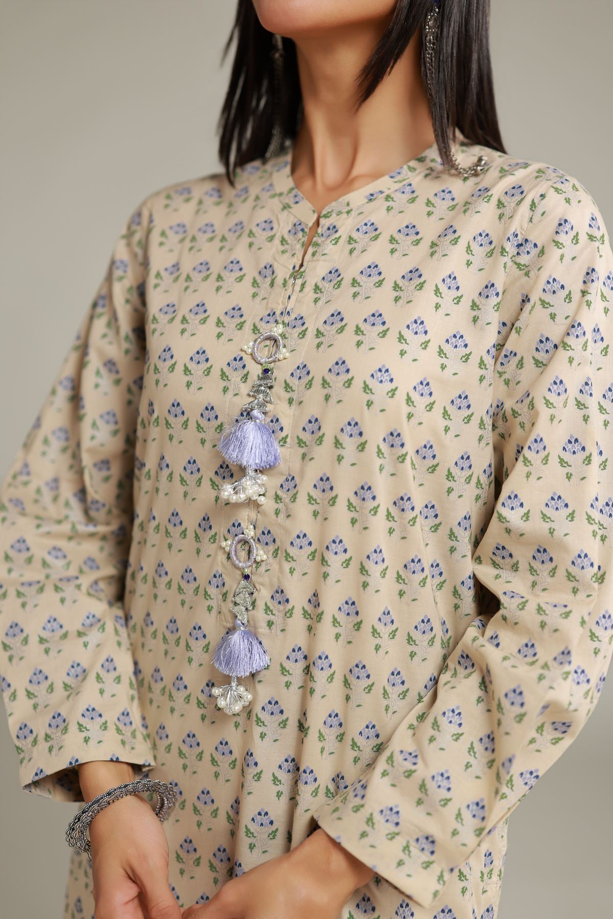 Printed Cambric Floral Longline Kurta - 12-26-115-F-E-VG