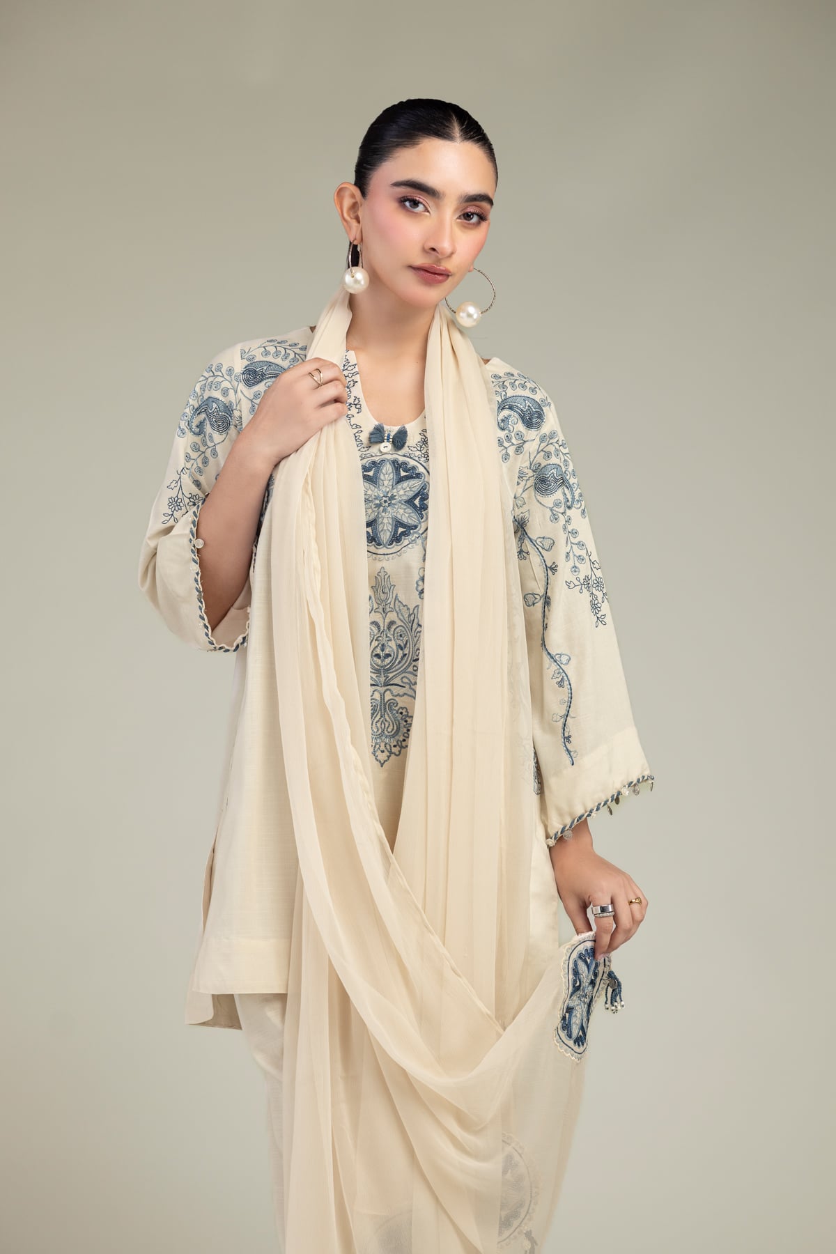 Embroidered Chiffon Off-White Chiffon Dupatta - 1-26-309-B-D1-VG