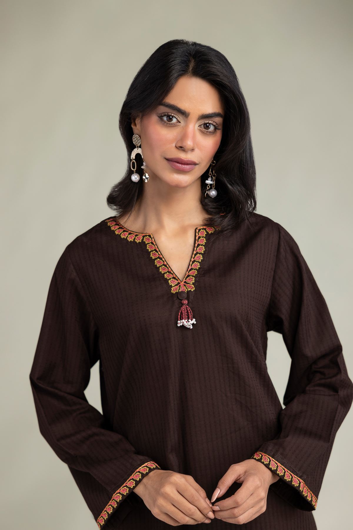 Embroidered Cotton Dobby V-Neck Cotton Kurta - 1-26-102-A-F-VG