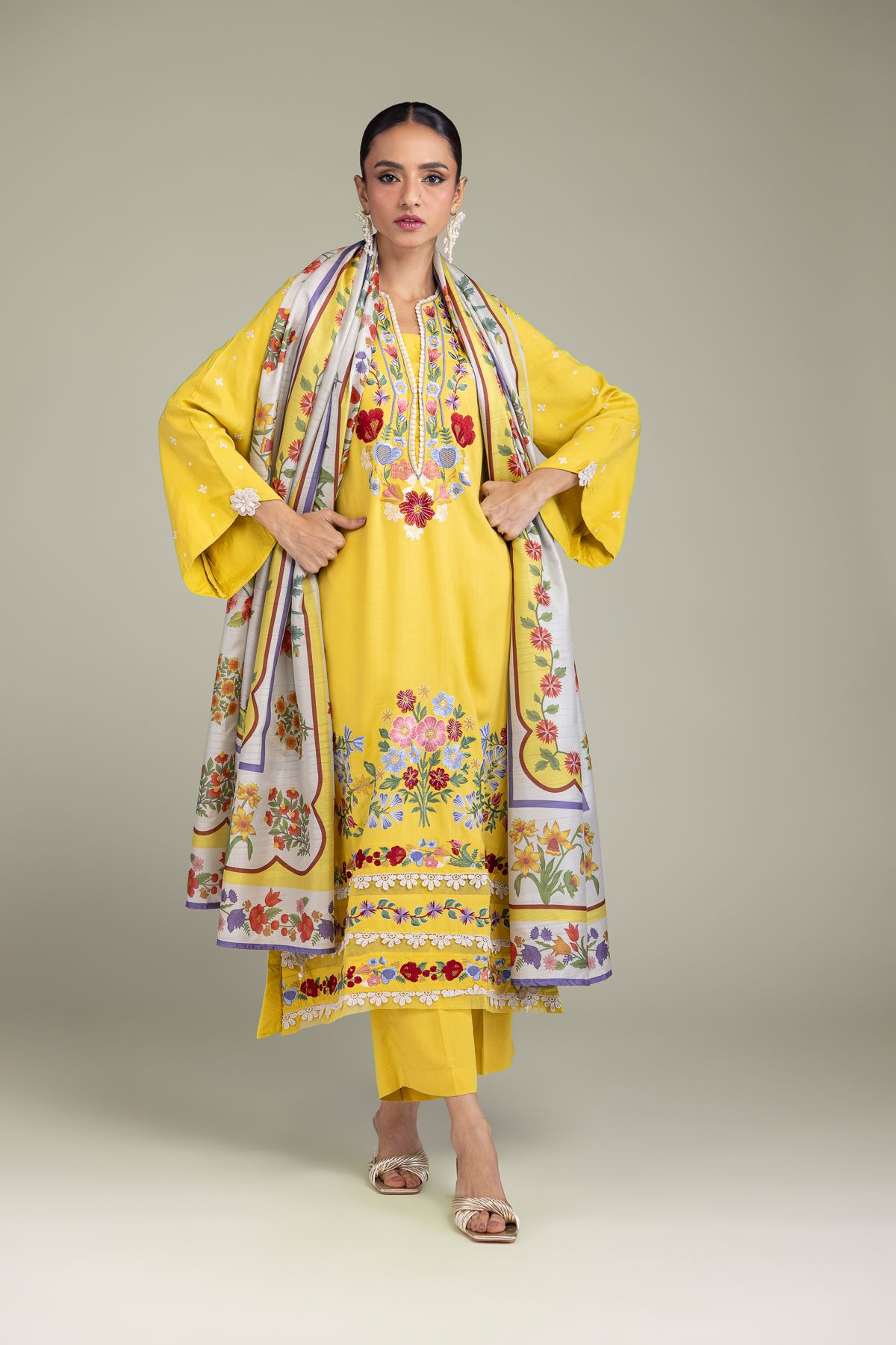 Embroidered Raw Silk Yellow Silk Pants - 1-26-106-A-E-VG