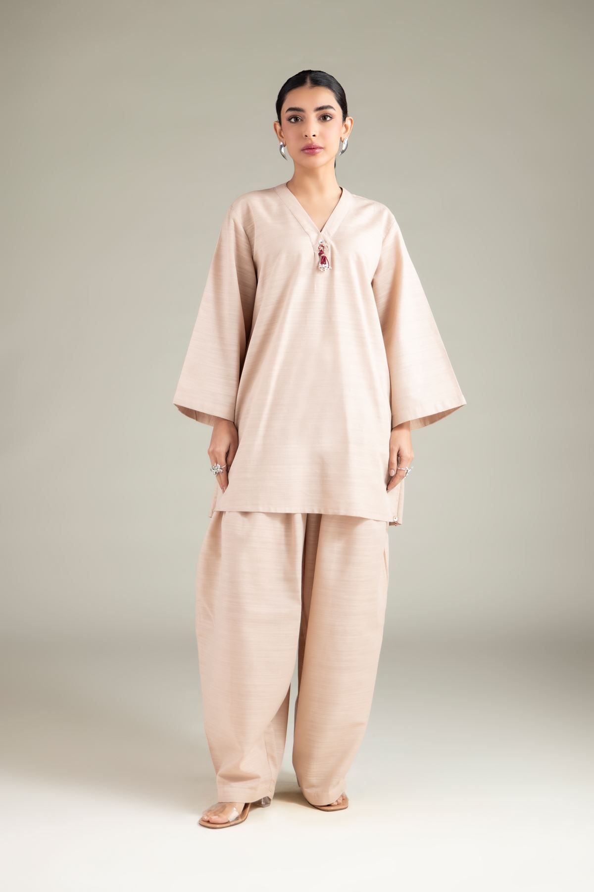 Dyed Textured Cotton V-Neck Tassel Kurta - 1-26-125-B-F-VG