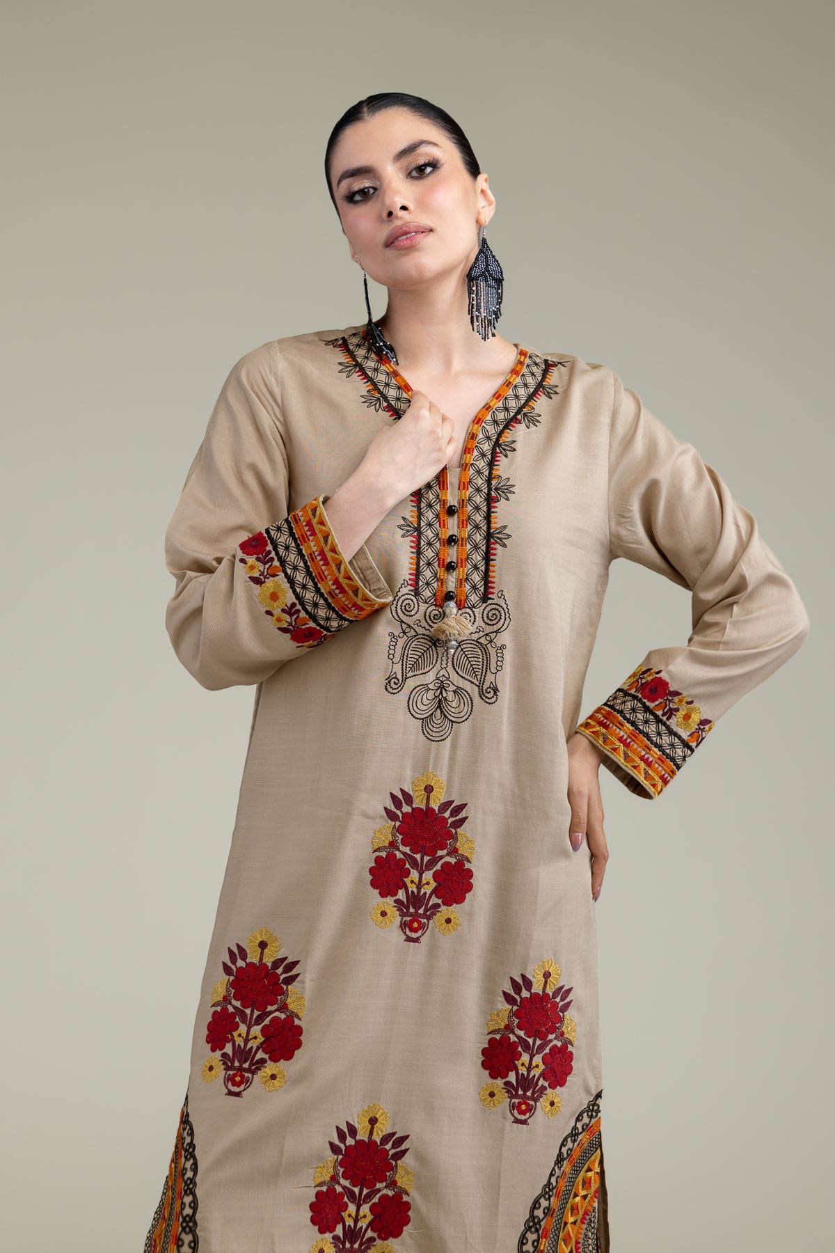 Embroidered Raw Silk Floral Silk Kurta - T-A33-26-206FG2-VG