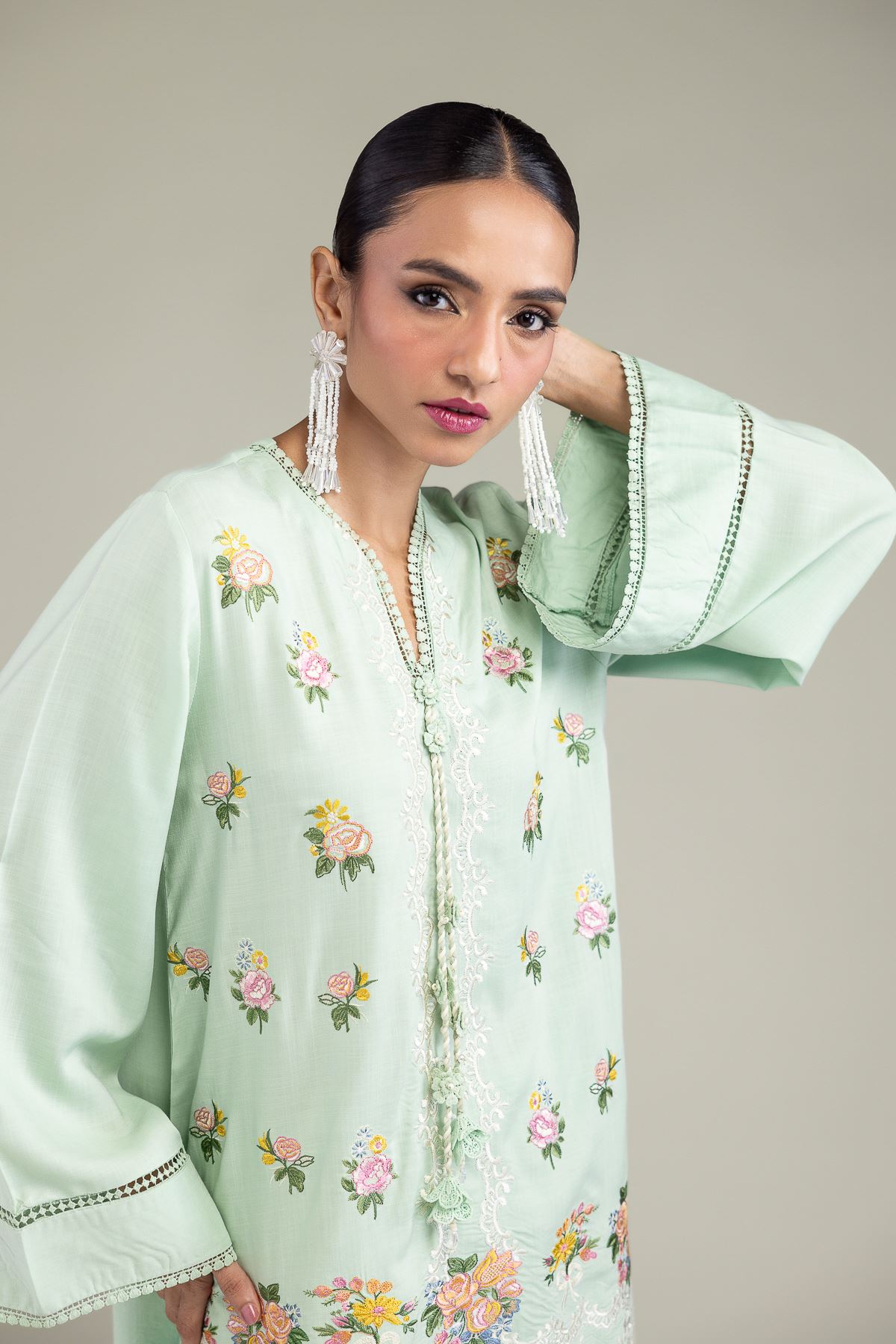 Embroidered Raw Silk Mint Silk Kurta - T-A11-26-114FF1-VG