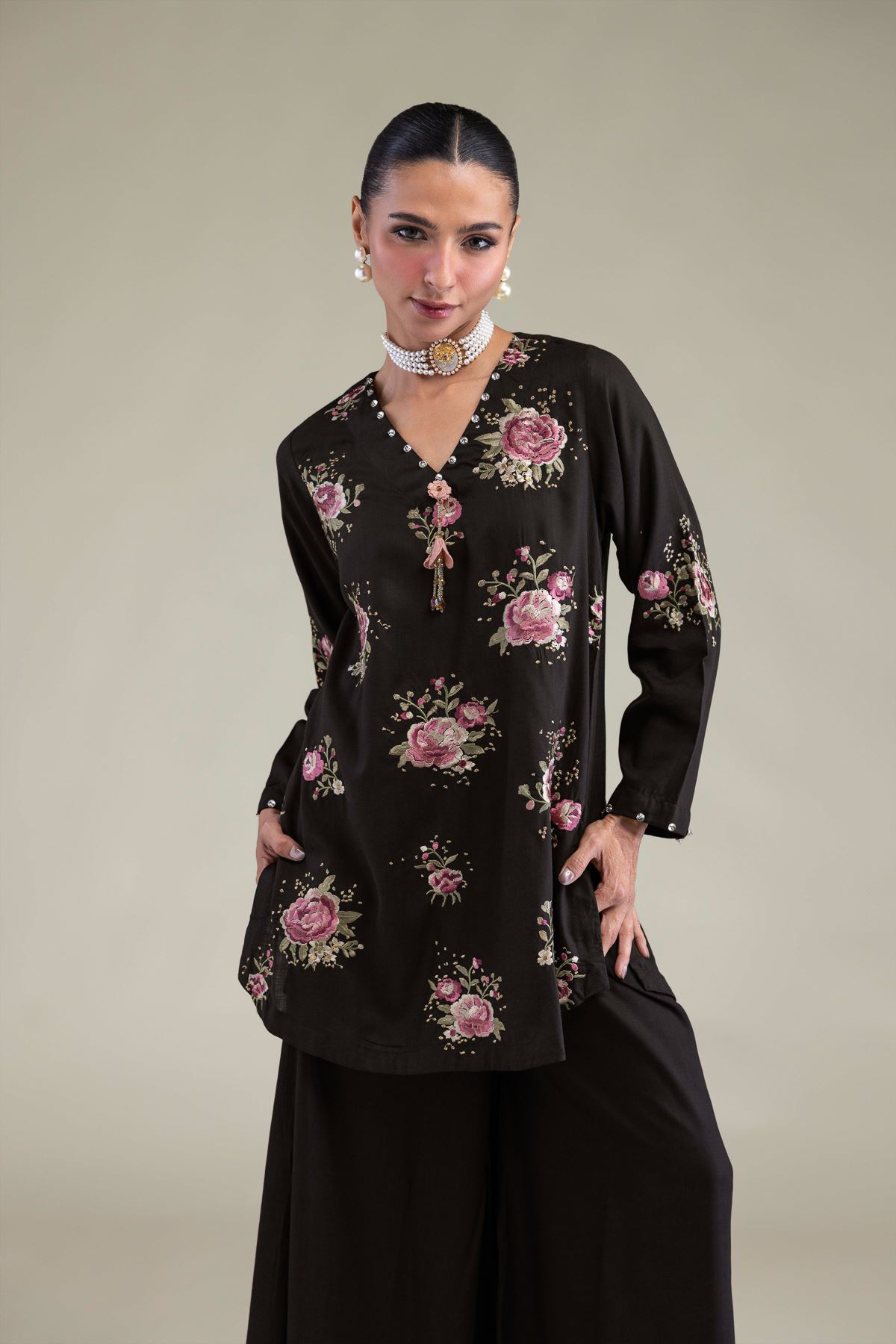 Embroidered Raw Silk Black Floral Kurta - 2-26-202-A-B-VG