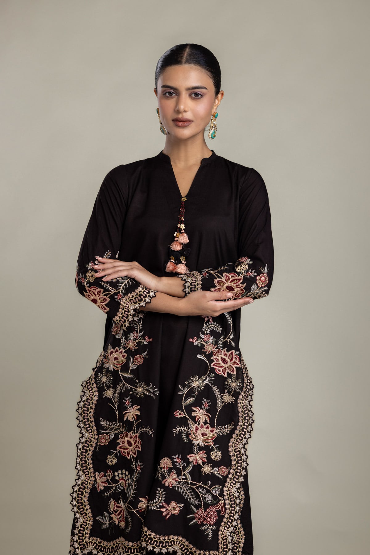 Embroidered Raw Silk Floral Black Kurta - 2-26-202-A-D-VG