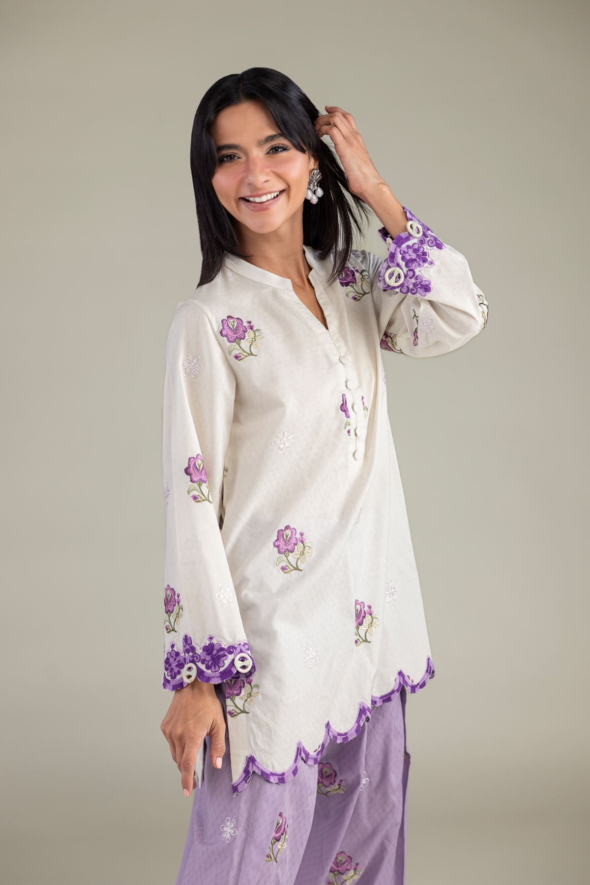 Embroidered Cotton Dobby Floral V-Neck Kurta - 1-26-322-B-A1-VG