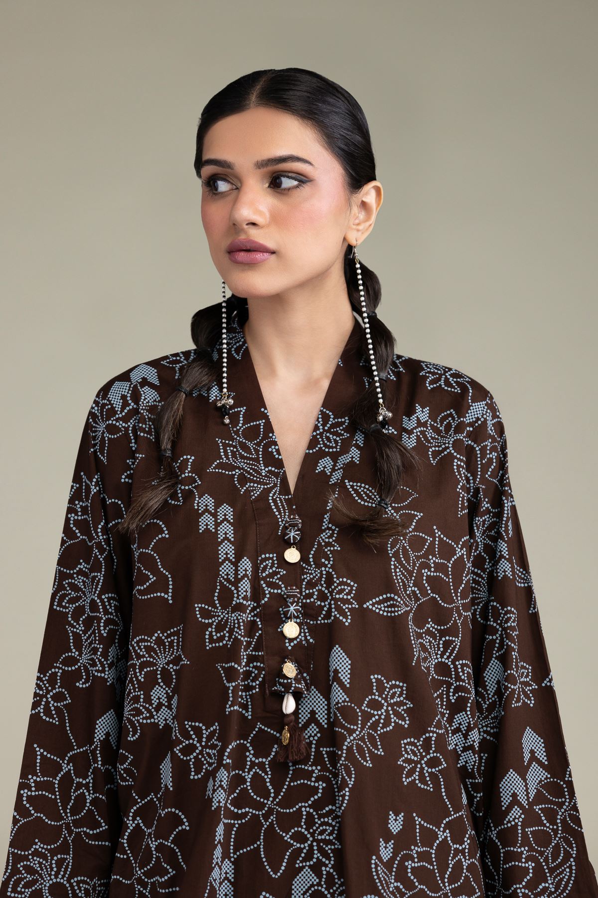 Printed Cambric Brown V-Neck Kurta - 1-26-231-A-D1-VG