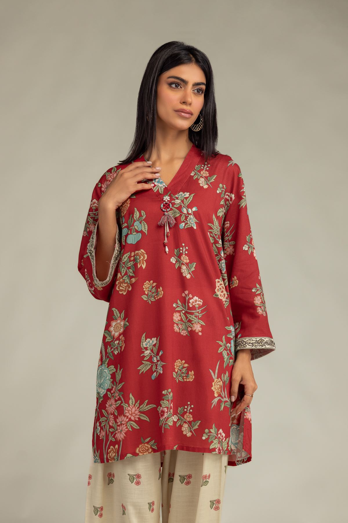 Printed Raw Silk Floral Red Kurta - 1-26-229-B-F1-VG