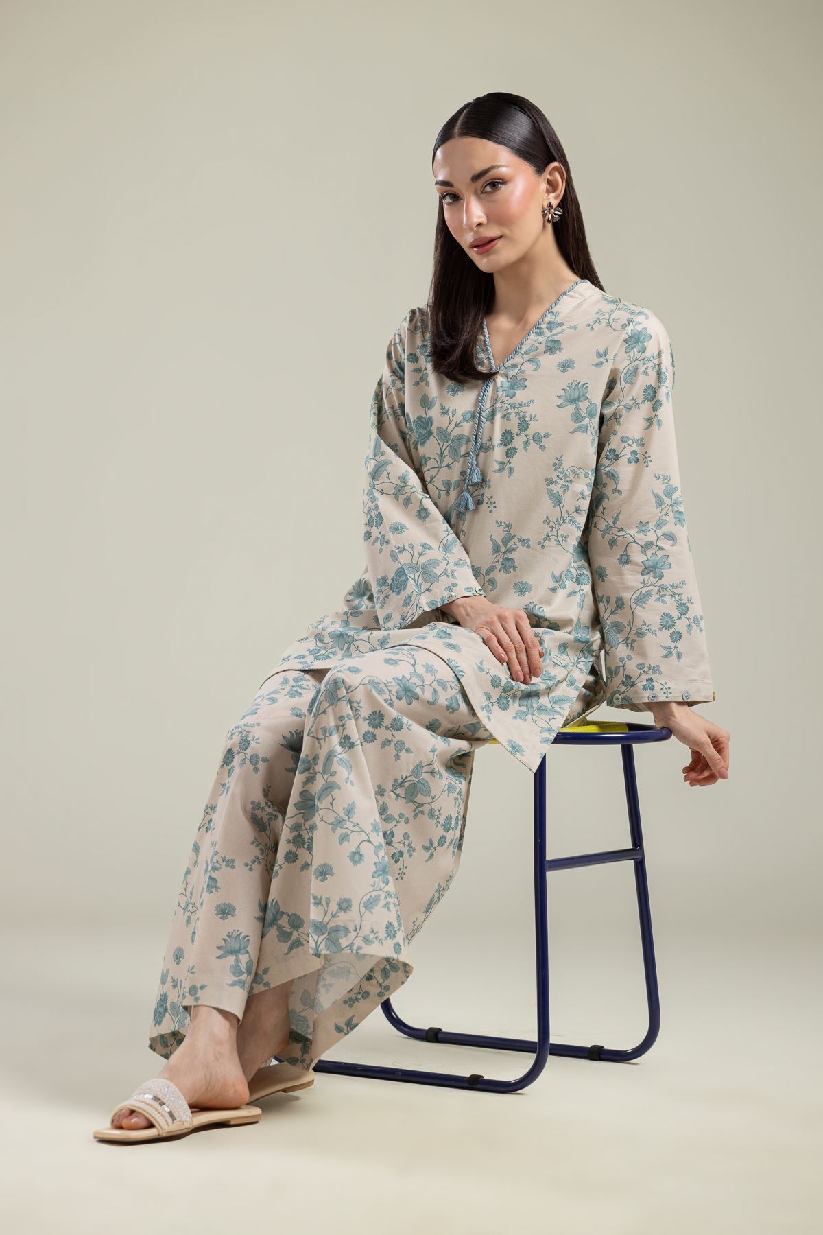 Printed Cotton Viscose Floral V-Neck Kurta - 1-26-204-A-F1-VG