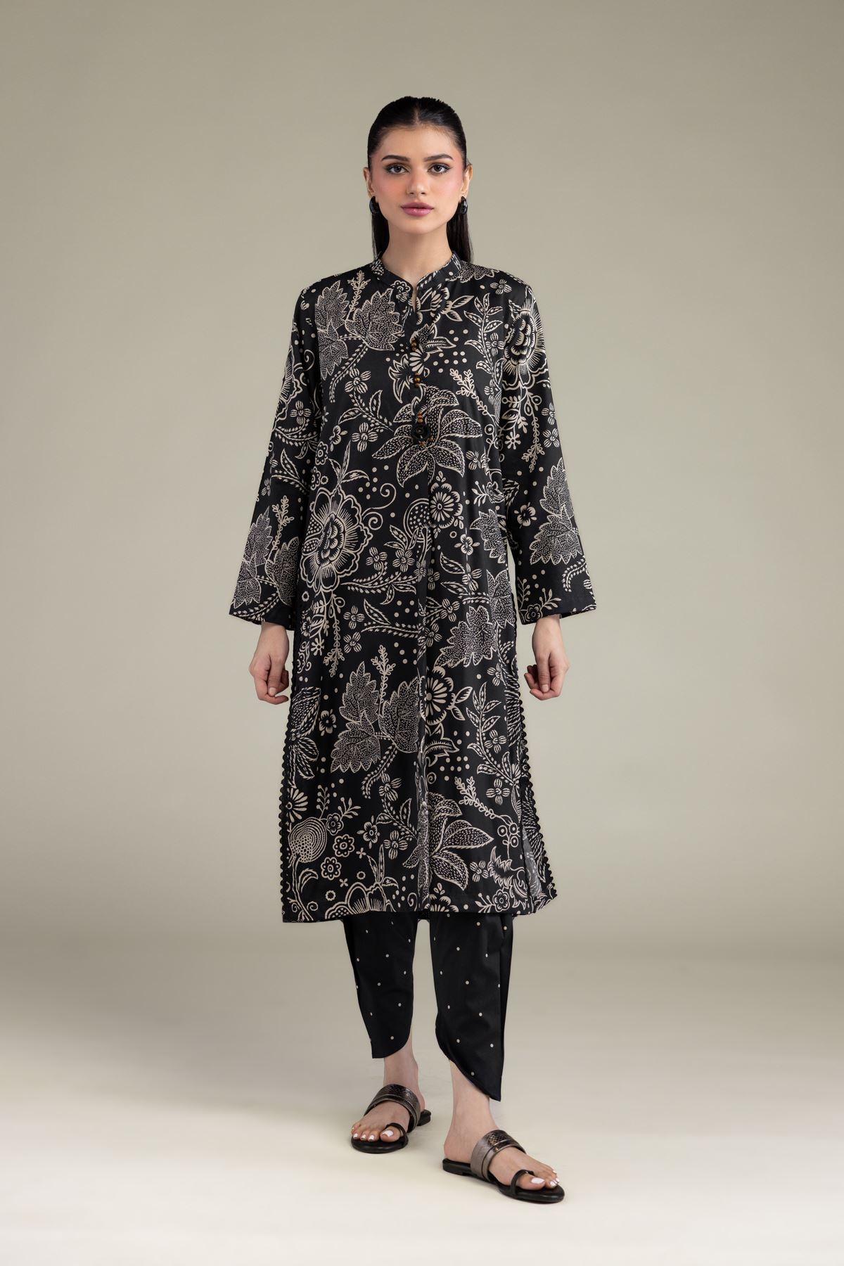 Printed Cotton Viscose Black Longline Kurta - 1-26-206-A-H1-VG