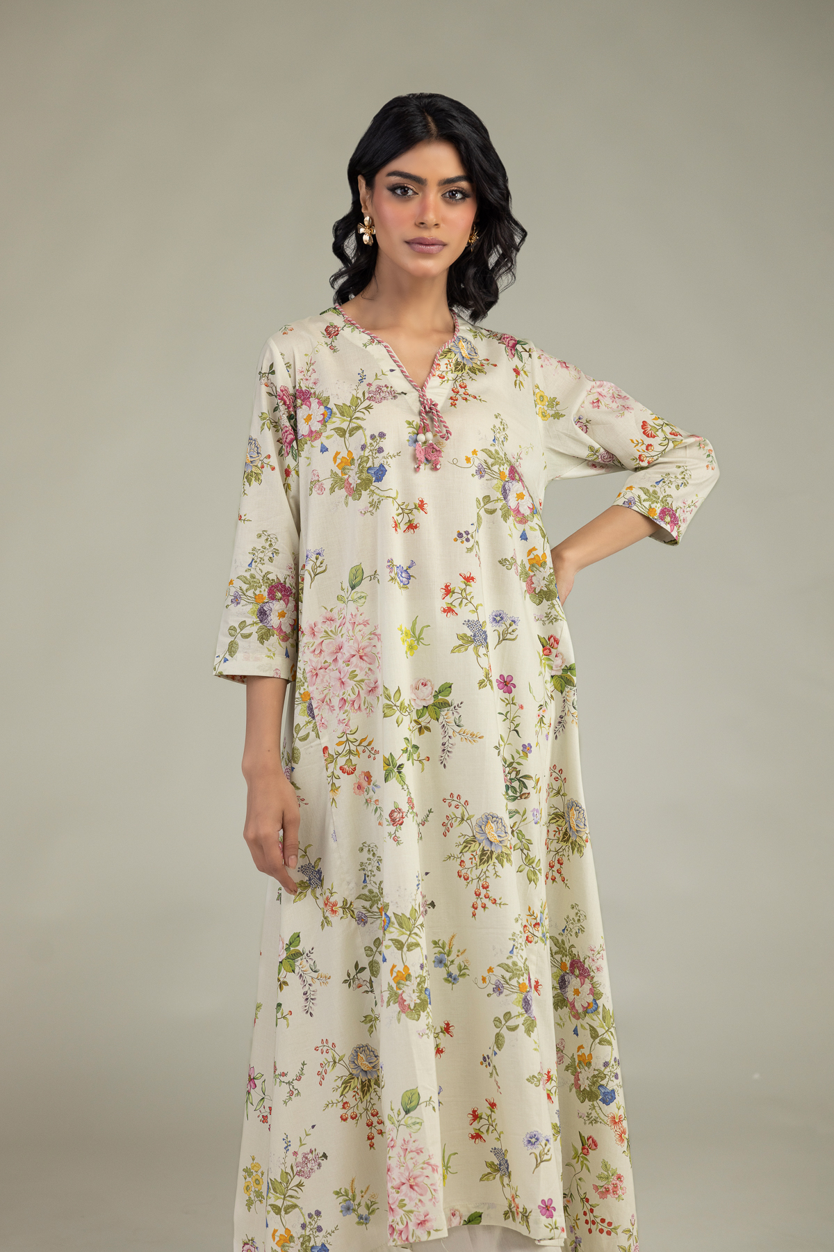 Embroidered Cambric Floral V-Neck Kurta - 1-26-240-A-J1-VG