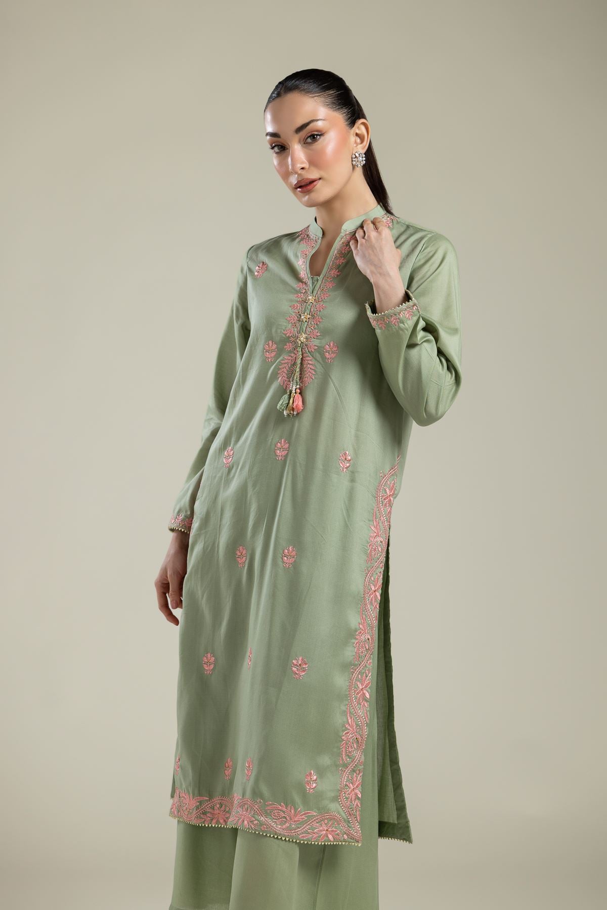 Embroidered Textured Weave Long Mint Kurta - 2-26-107-A-F-VG