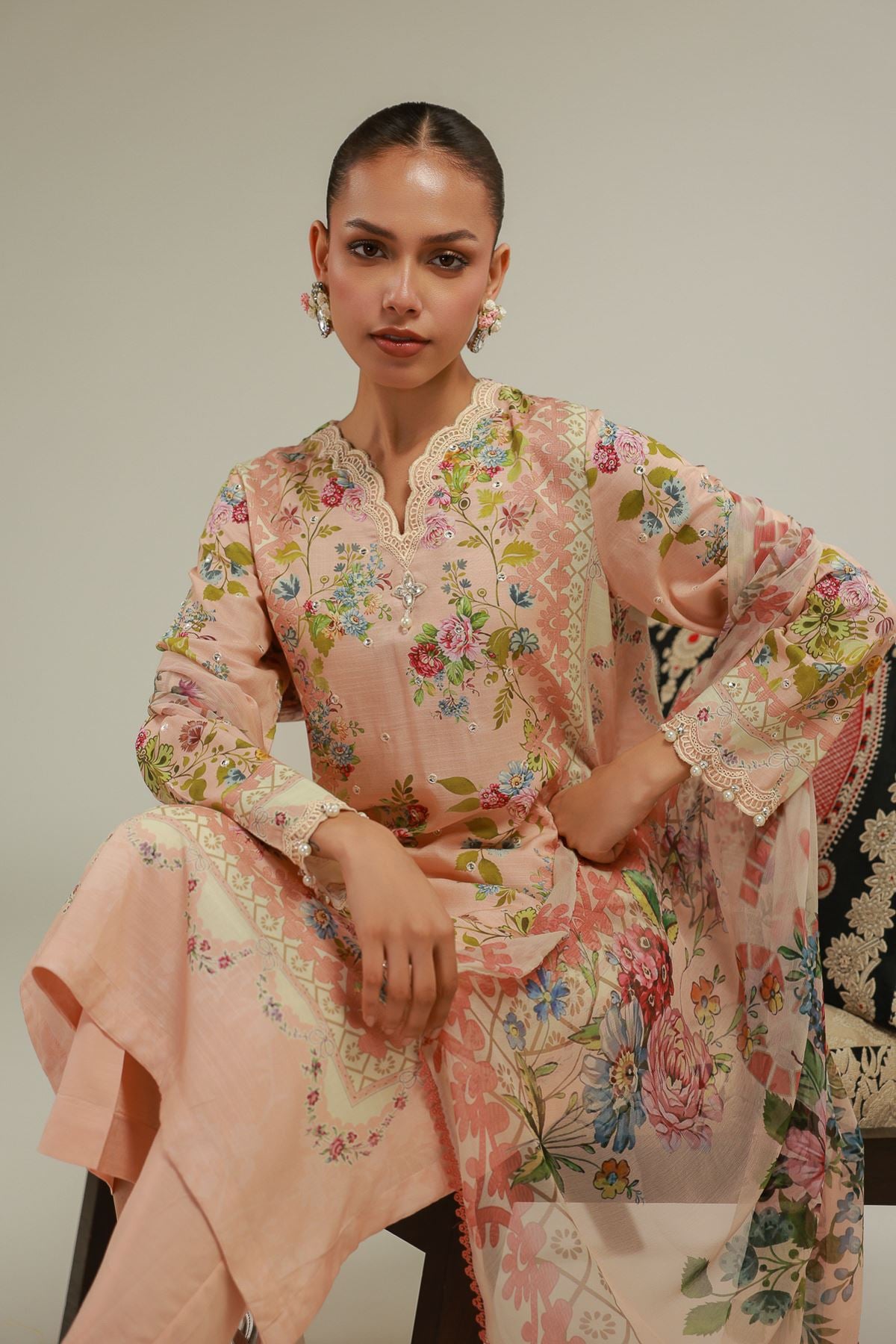 Embroidered Raw Silk Floral Longline Kurta - 2-26-101-A-D-VG
