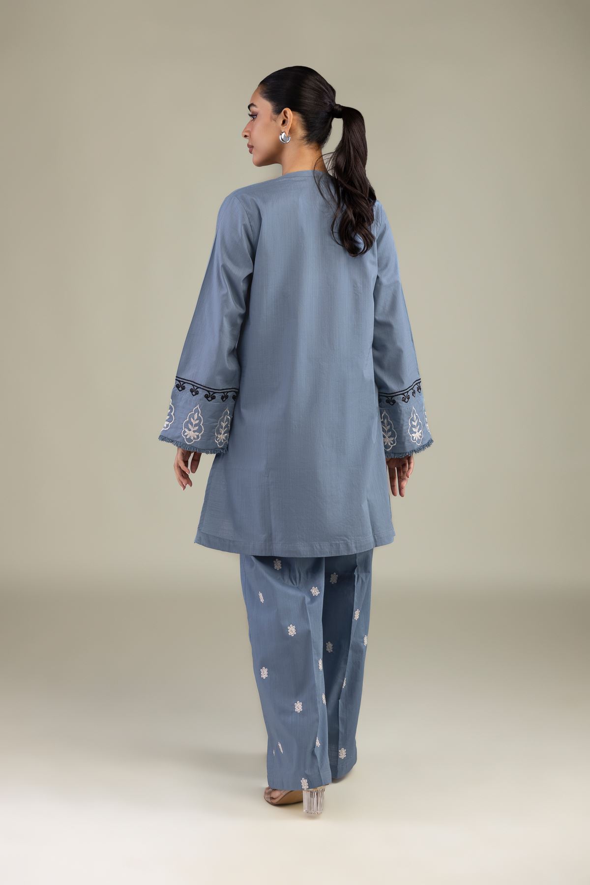 Textured Cotton Embroidered Blue Cotton Kurta - 25-07-7E2-08BB-VG