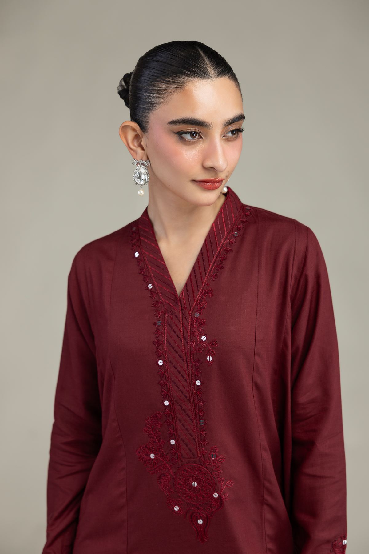 Embroidered Raw Silk Maroon V-Neck Kurta - 1-26-225-A-C1-VG