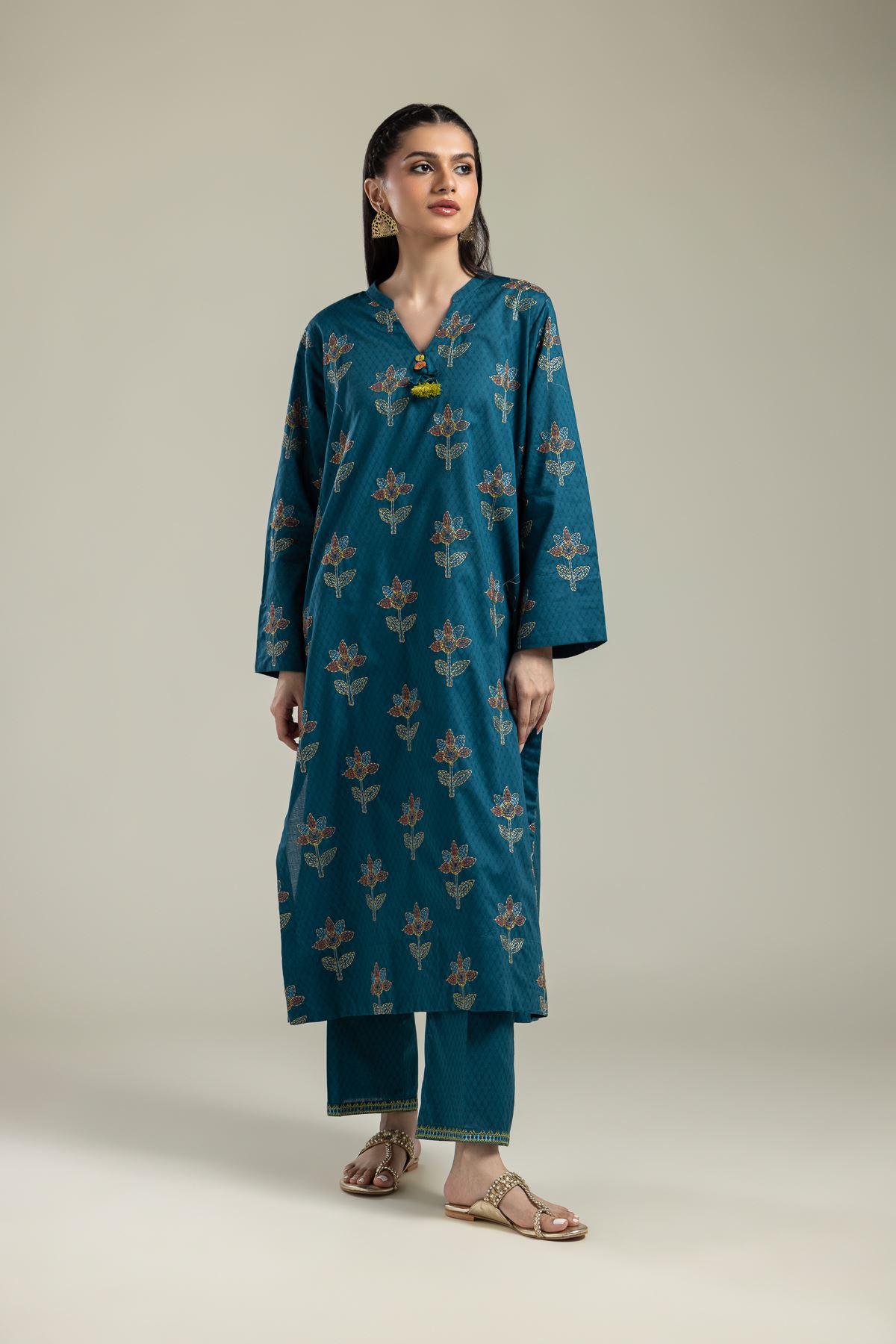 Embroidered Cotton Dobby Floral Teal Kurta - 2-26-109-A-H-VG