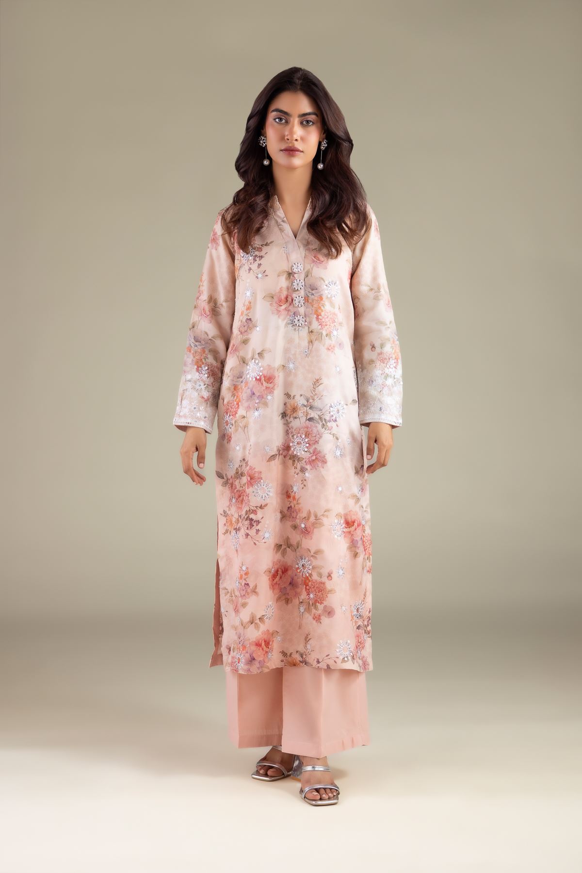 Embroidered Raw Silk Floral Sequin Kurta - 1-26-111-A-B-VG
